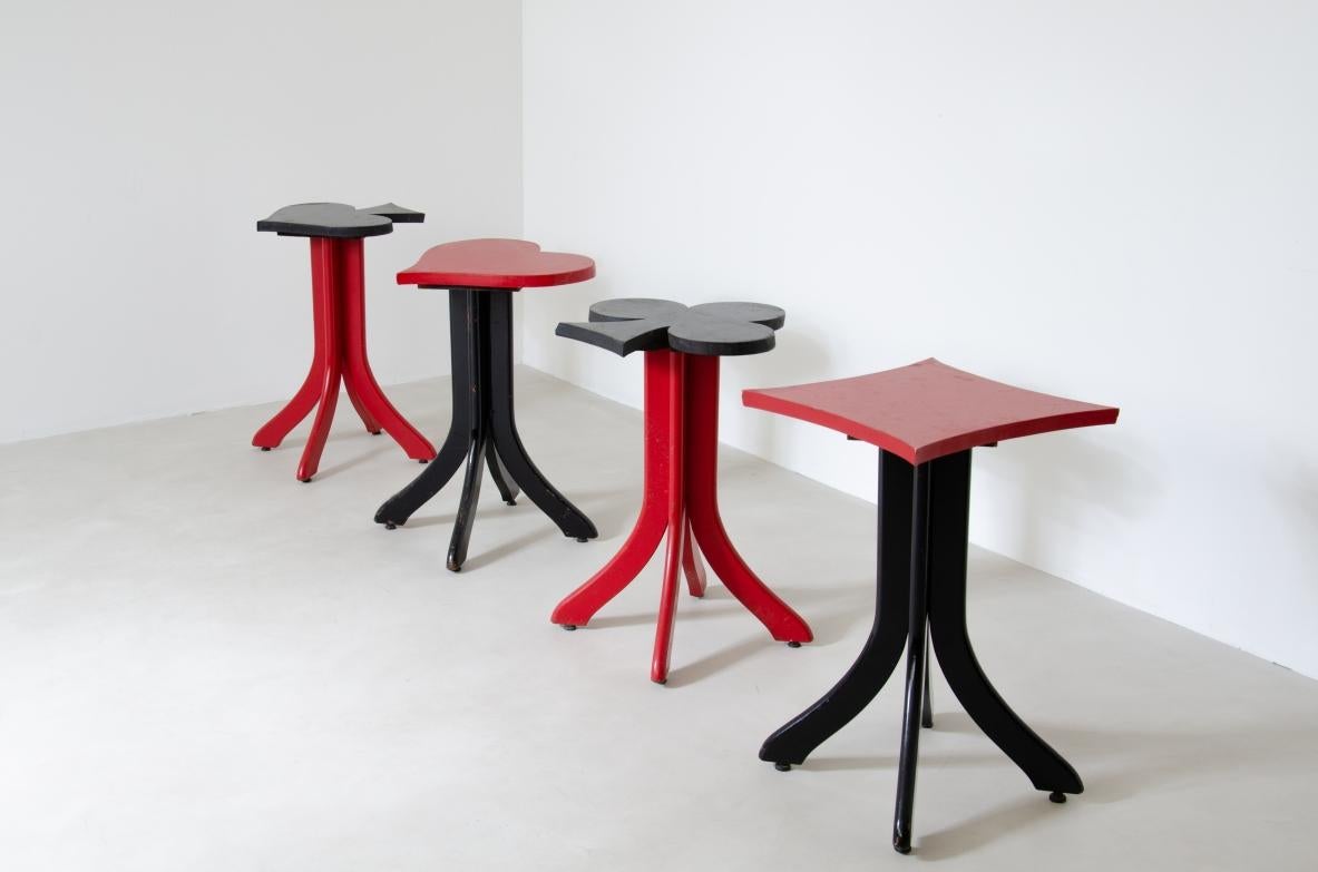 
COD-1592
Set of 4 bar stools in two colors lacquered wood with seat in the shape of Heart, Spade, Square and Flower.

Designed as unique pieces for a private residence, Italy 1930's.