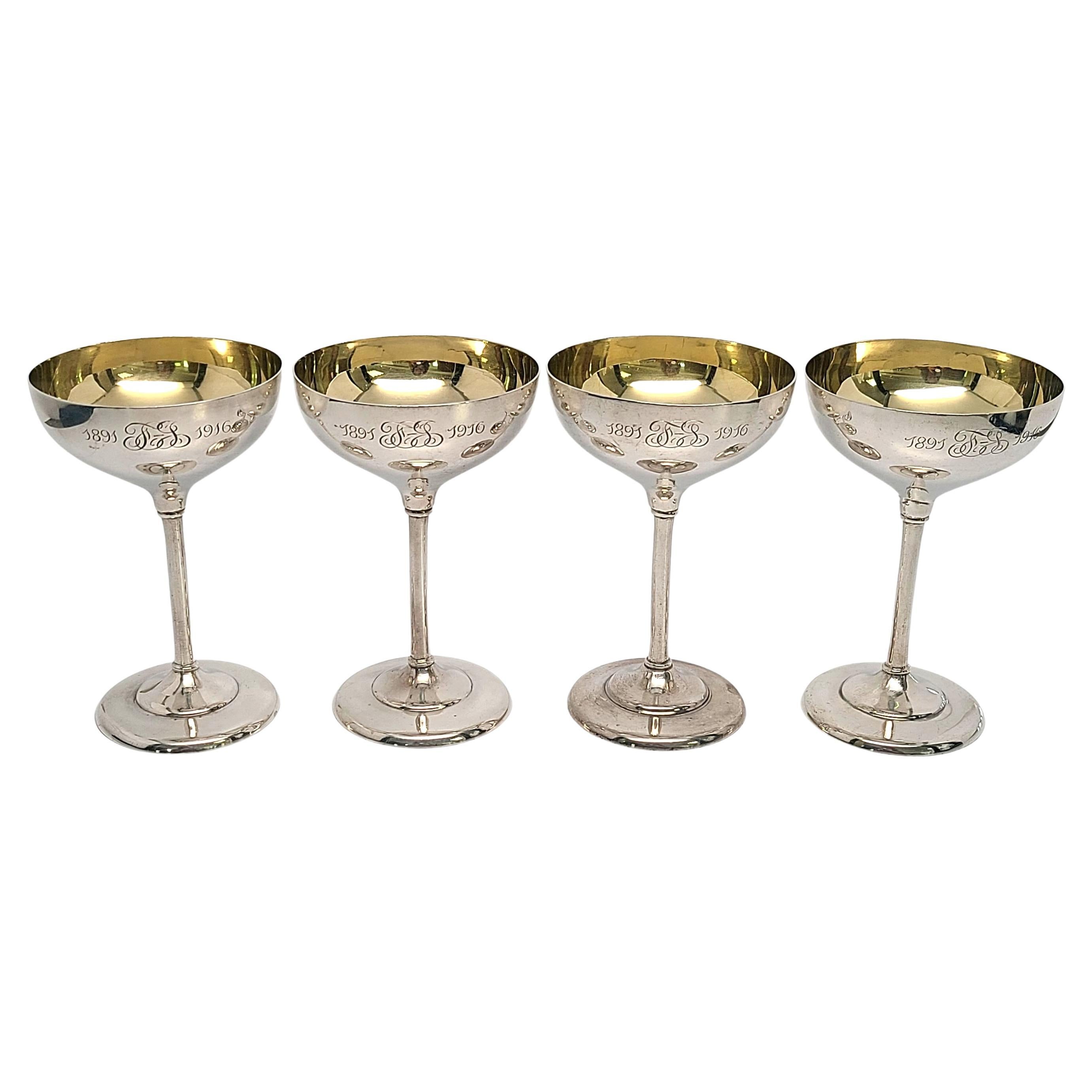 Set von 4 Barbour Silver Co Champagner-/Cocktail-/Cocktailkelchenkelchen mit Gravur im Angebot