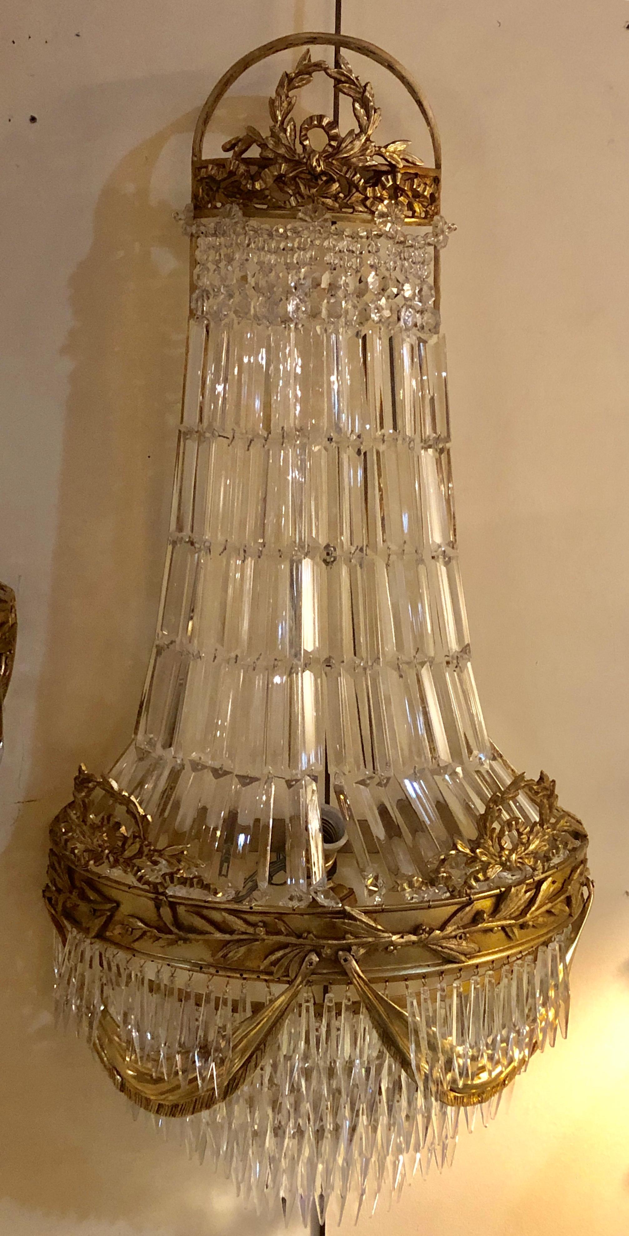 Set of 4 Basket Form Louis XVI Style Gilt Bronze and Crystal Wall Sconces For Sale 9