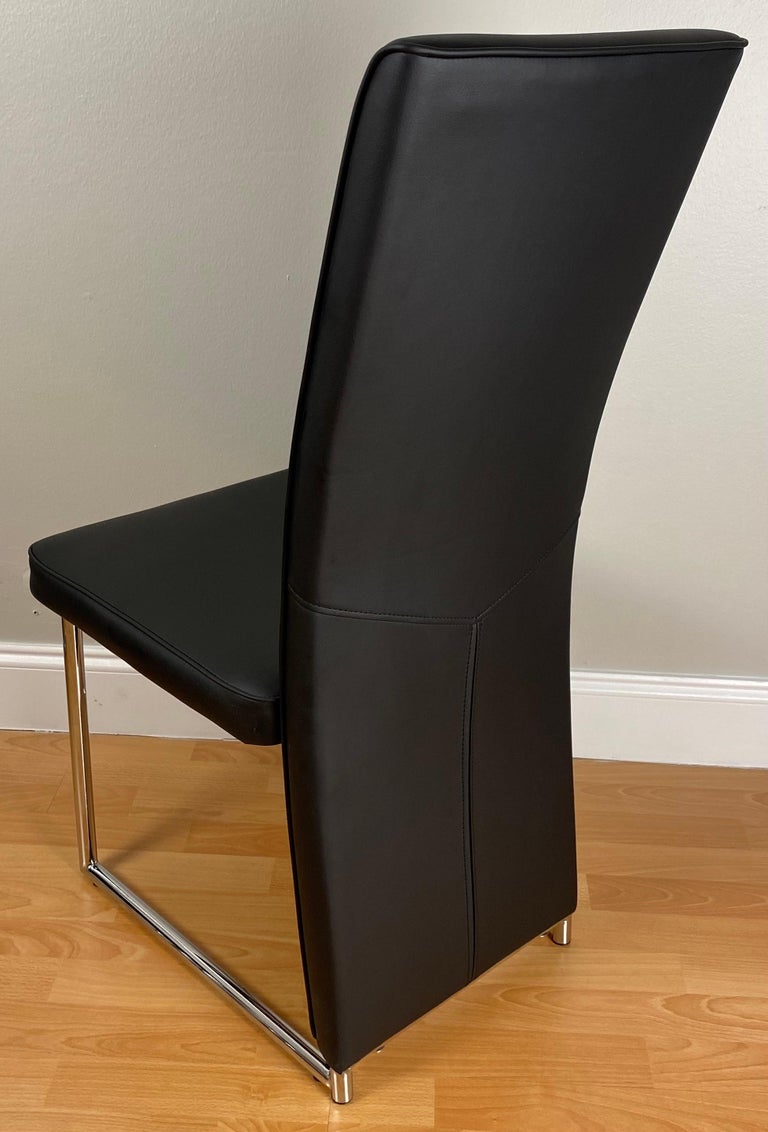 Set of 4 Baughman Style Thin Line Chrome and Black Faux Leather Dining
