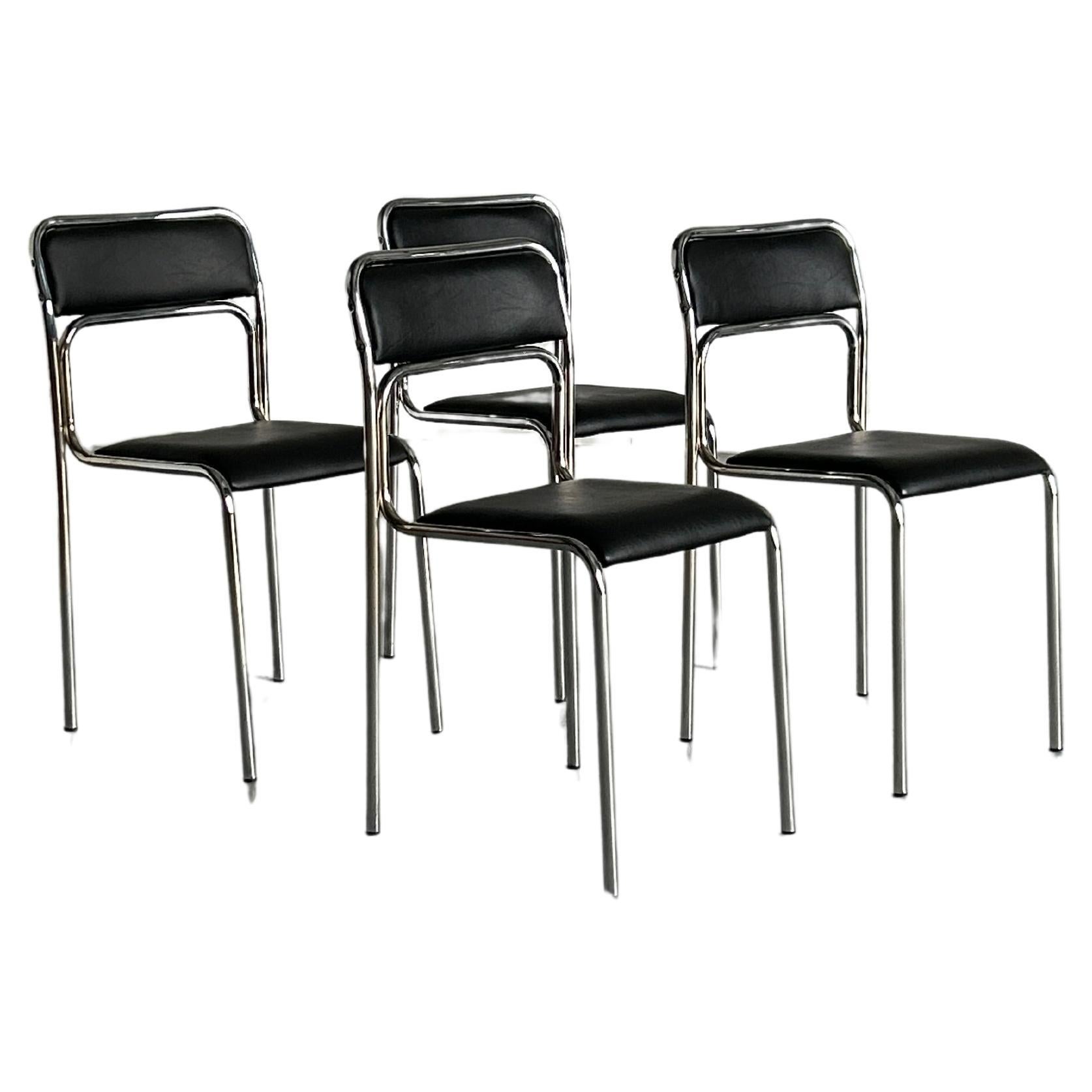 Set of 4 Bauhaus Chrome Tubular Steel and Black Chrome Leather Chairs, 80s Italy