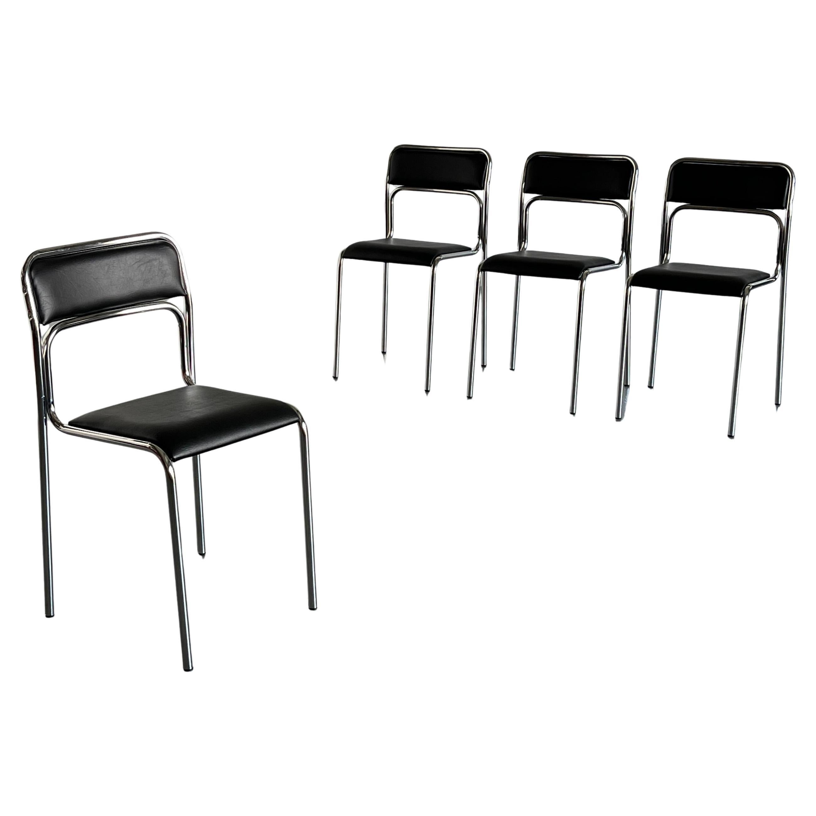 Set of 4 Bauhaus Chrome Tubular Steel and Black Faux Leather, Stackable Chairs