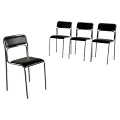 Set of 4 Bauhaus Chrome Tubular Steel and Black Faux Leather, Stackable Chairs