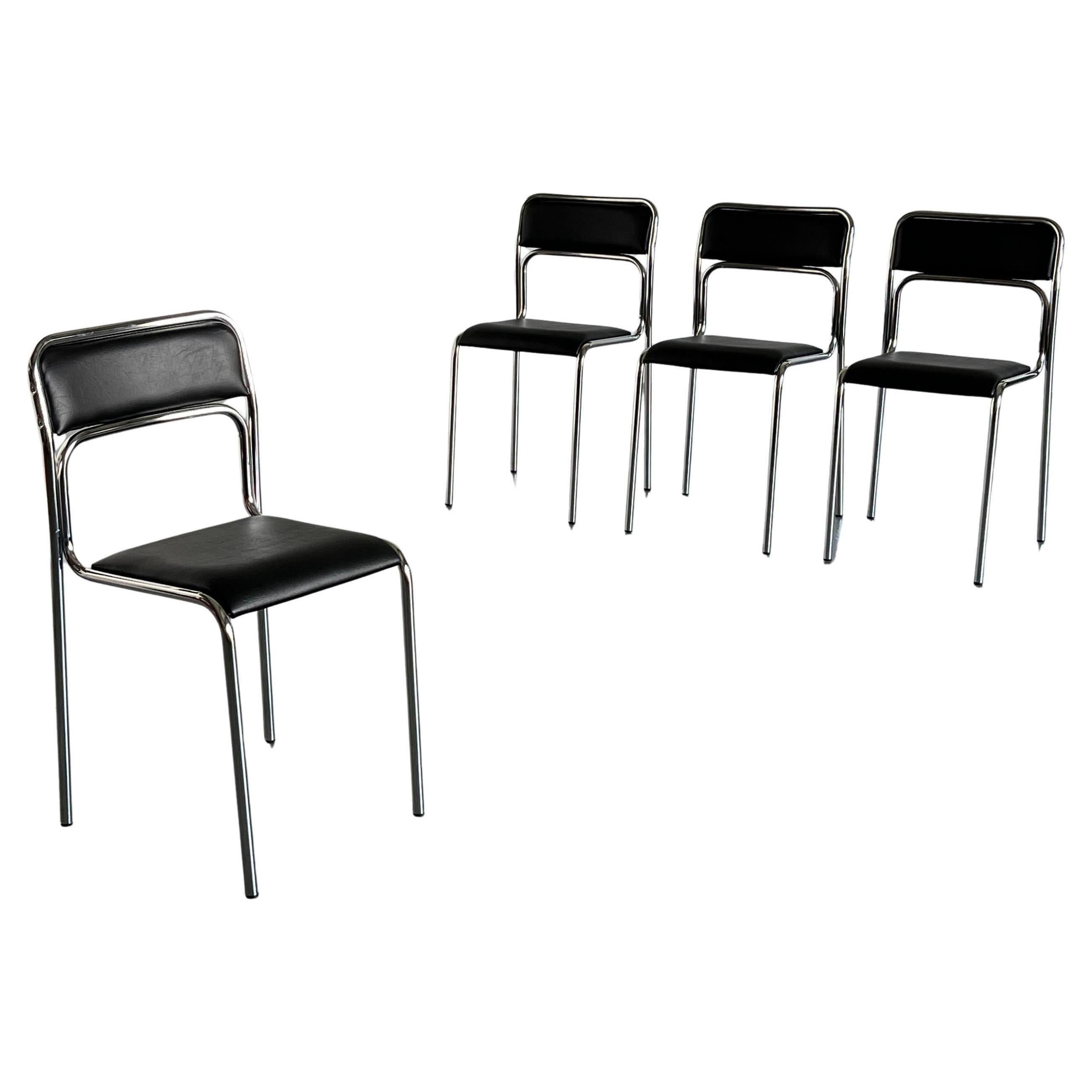 Set of 4 Bauhaus Chrome Tubular Steel and Black Faux Leather, Stackable Chairs
