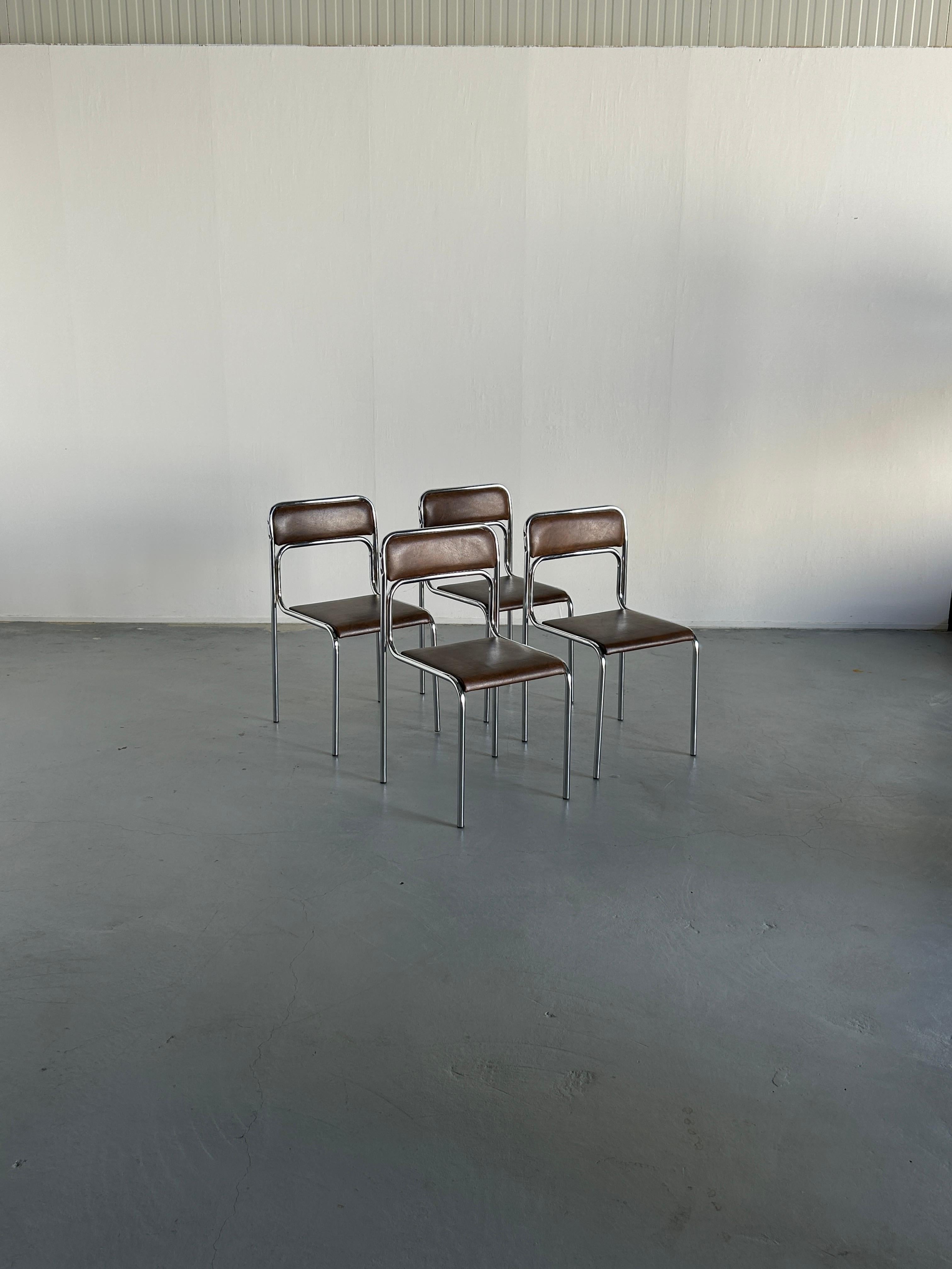 Set of 4 Bauhaus Chrome Tubular Steel and Brown Faux Leather Chairs ...