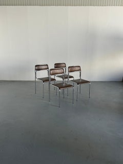 Set of 4 Bauhaus Chrome Tubular Steel and Brown Faux Leather Chairs, 80s Italy