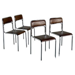 Set of 4 Bauhaus Chrome Tubular Steel and Brown Faux Leather Chairs, 80s Italy