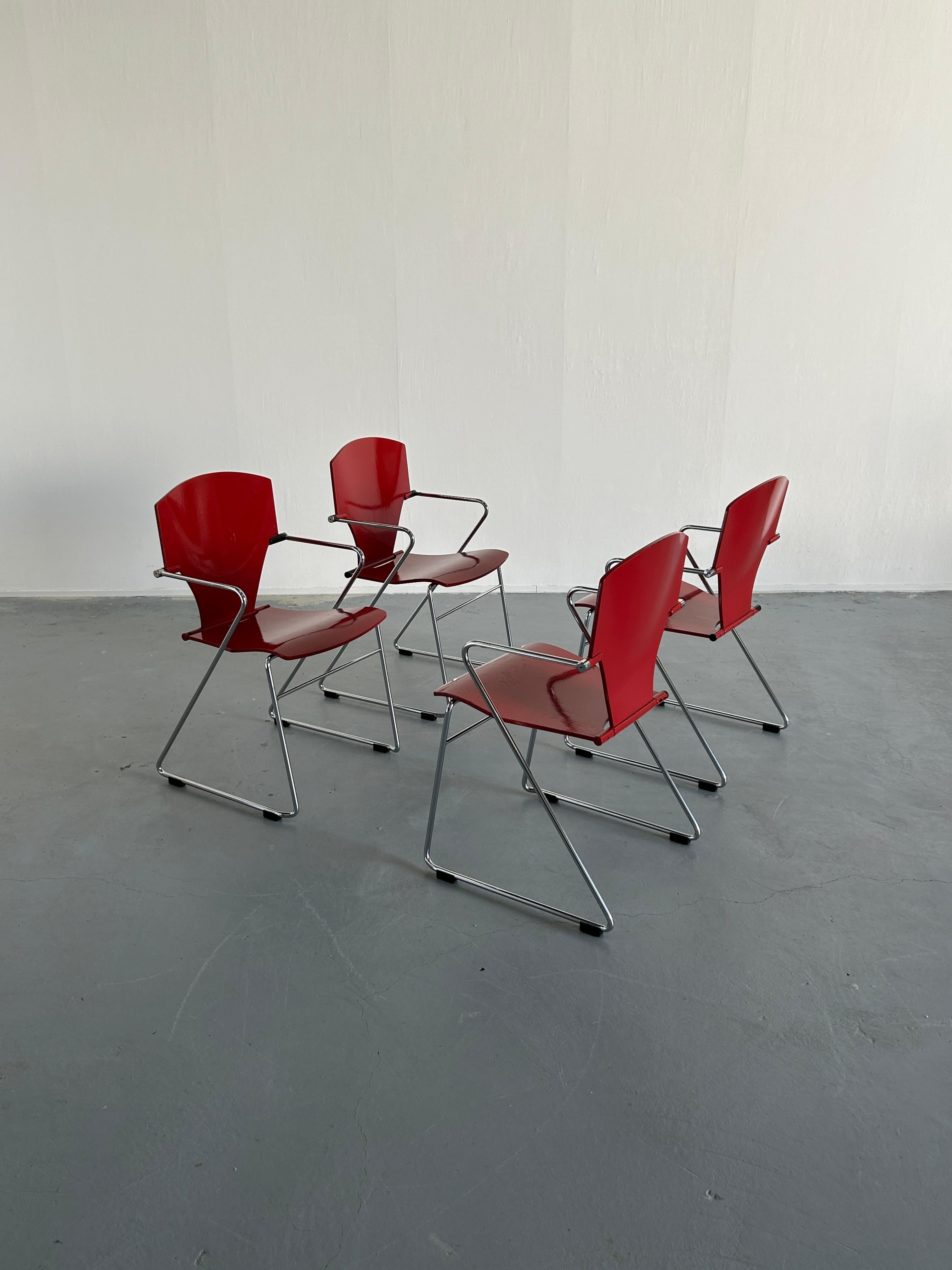 One of our all-time favourites - a beautiful set of four, Bauhaus-inspired 'Egoa' stackable chairs model 300, designed by Josep Mora for STUA, San Sebastián, Spain.
With a dynamic ergonomic design, the structure accompanies the movement and adapts