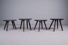 Set of 4 Beautifully Shaped Old Wooden Stools, 1950s
