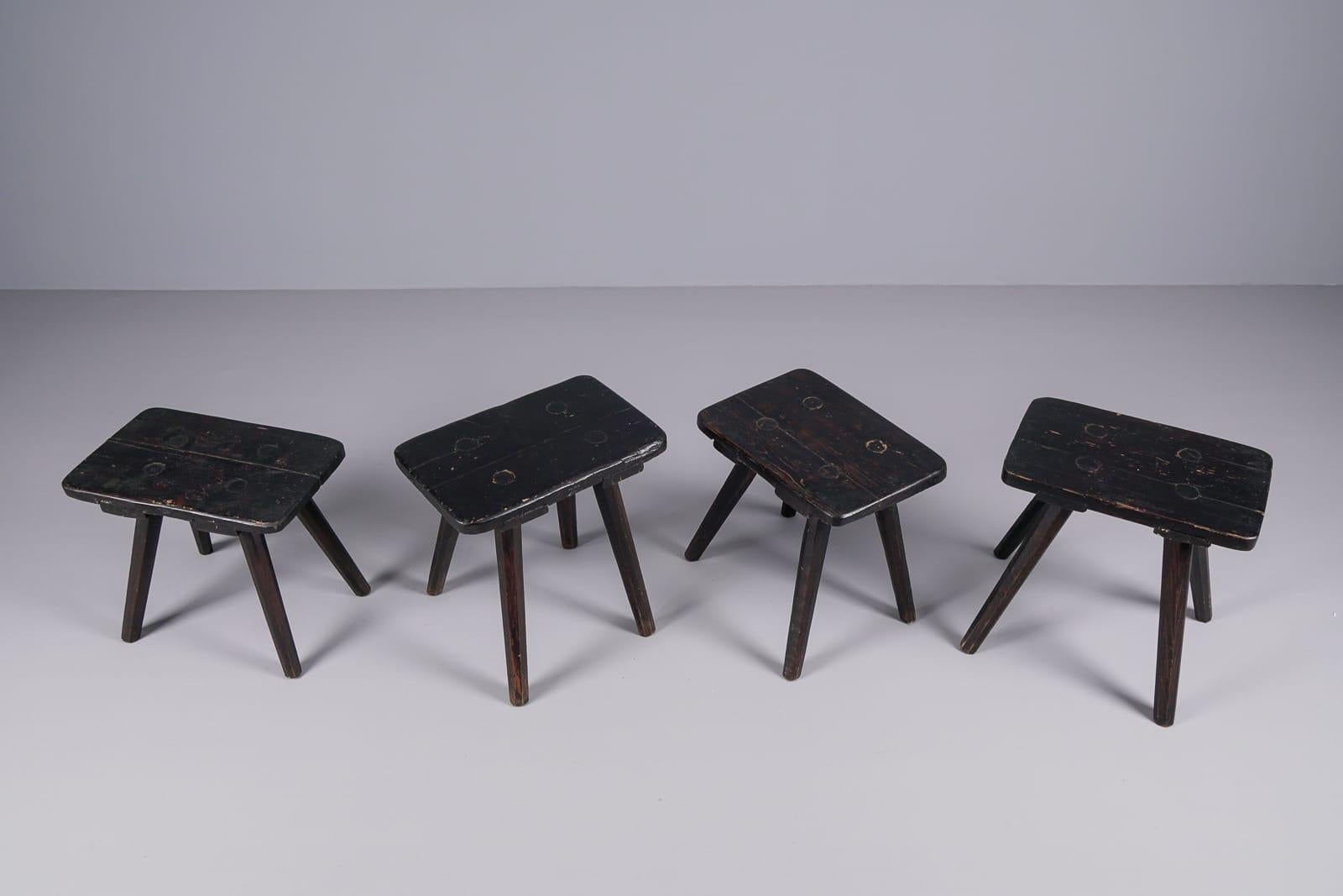 French Provincial Set of 4 Beautifully Shaped Old Wooden Stools, 1950s For Sale