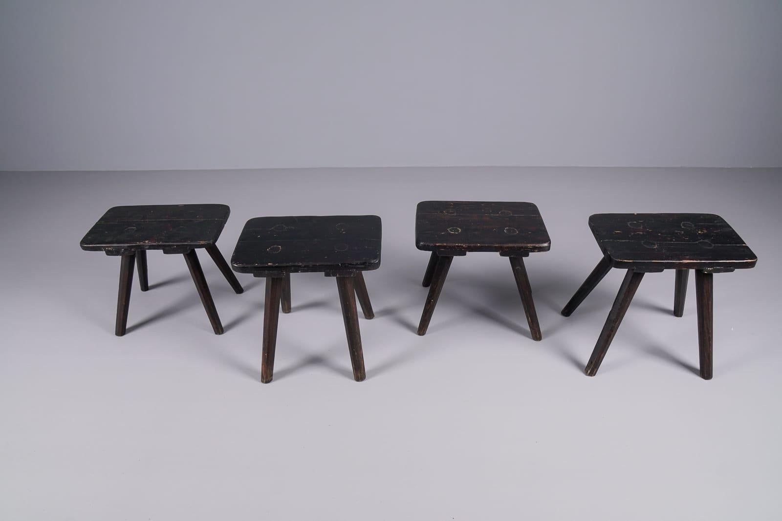 Lacquered Set of 4 Beautifully Shaped Old Wooden Stools, 1950s For Sale
