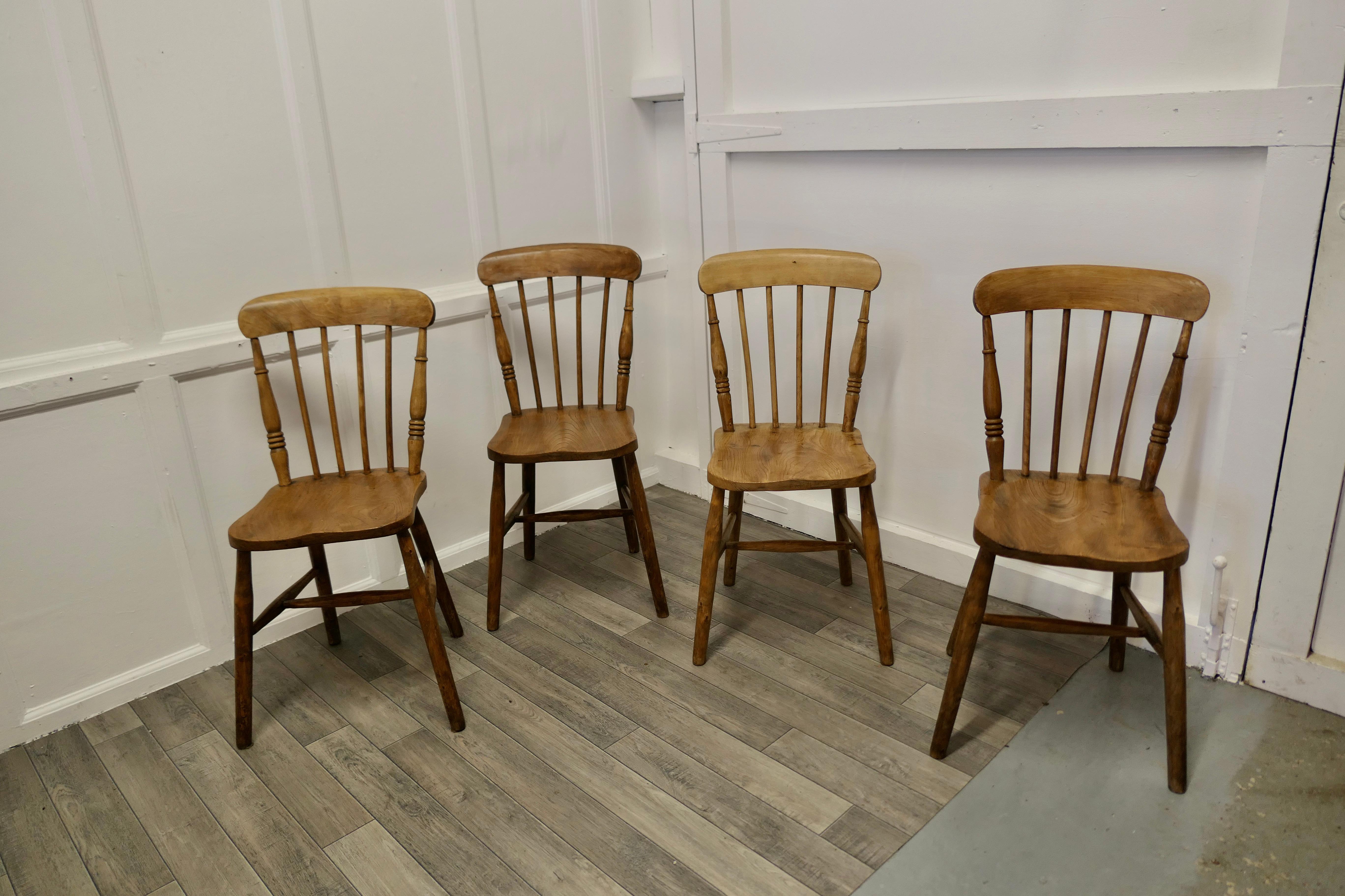 Country Set of 4 Beech and Elm Seated Stick Back Kitchen Dining Chairs For Sale