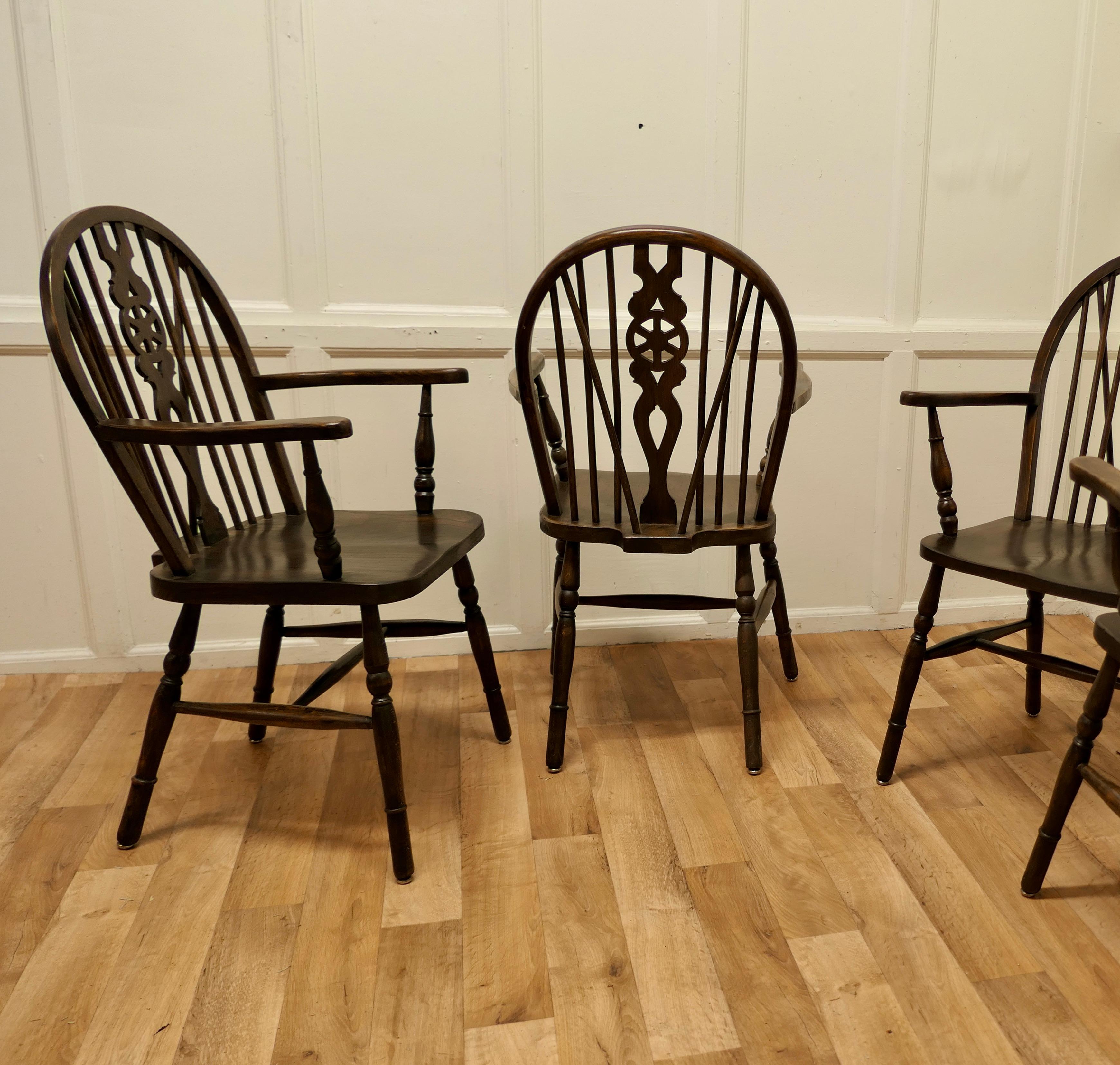 Late 19th Century Set of 4 Beech and Elm Wheel Back Carver Chairs    
