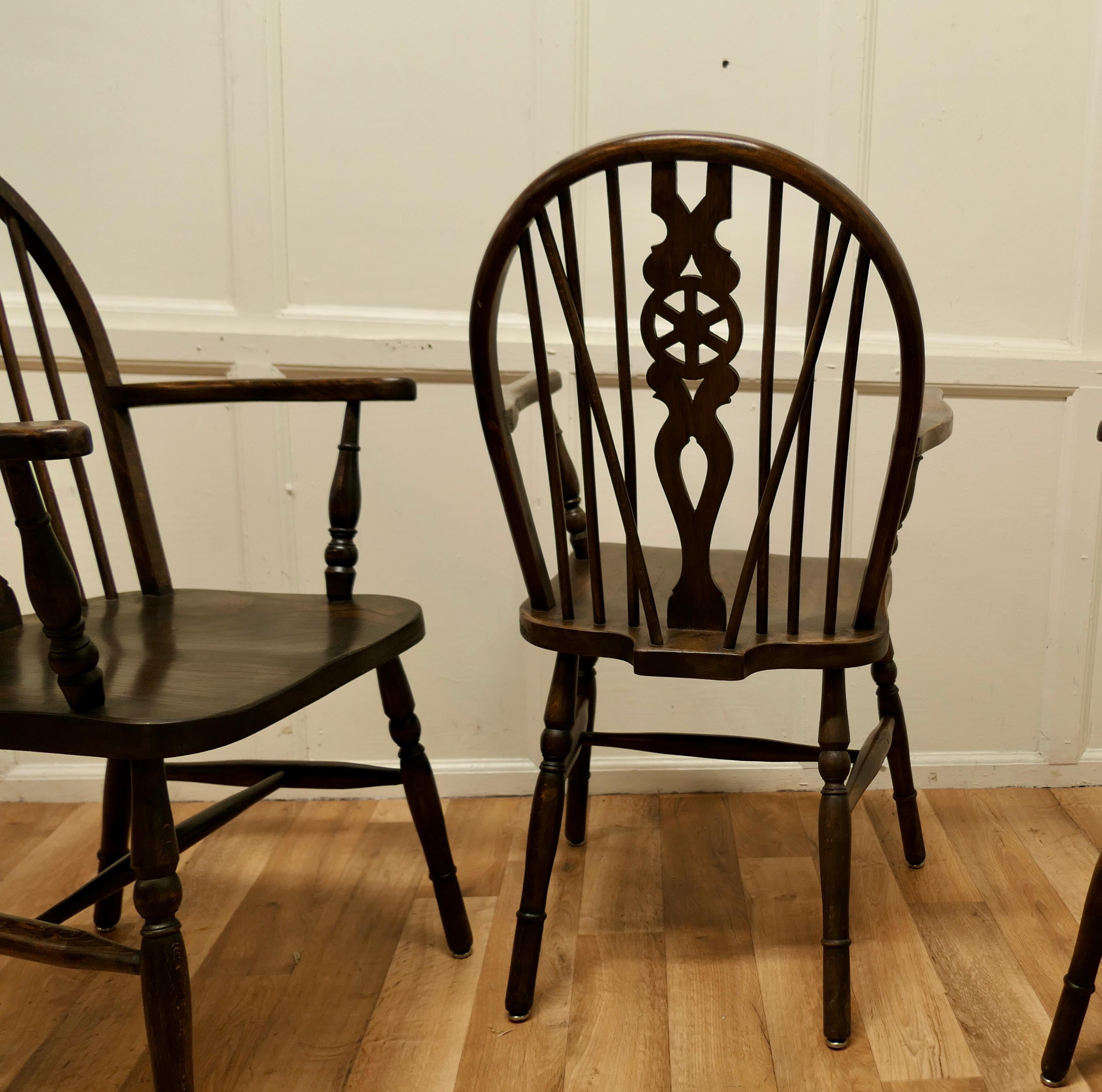 Set of 4 Beech and Elm Wheel Back Carver Chairs     2