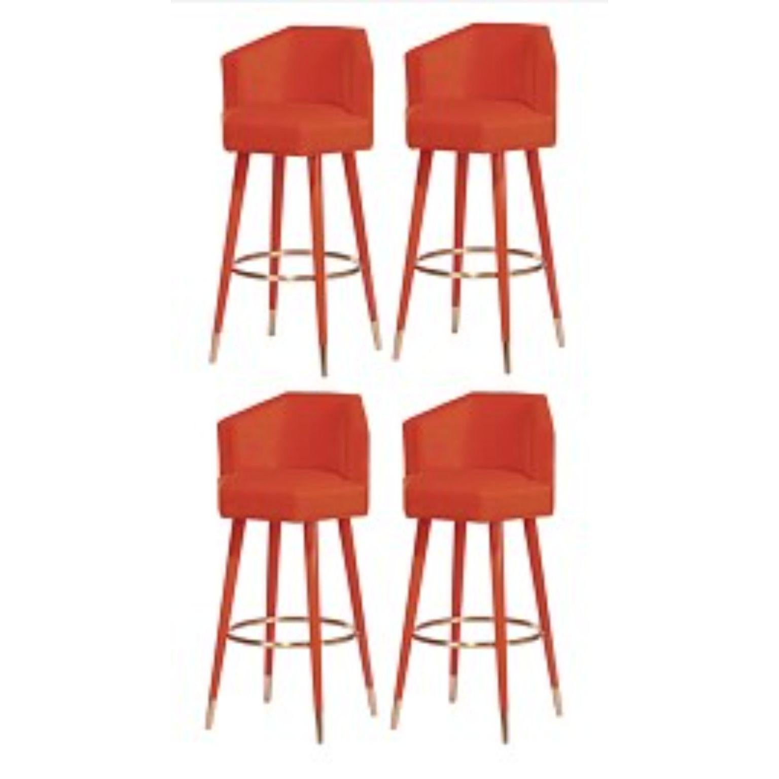 Set of 4 Beelicious bar stools, Royal Stranger
Dimensions: 54.5 x 46 x 107 cm
Materials: Upholstery Zinnia cotton velvet. Legs Zinnia lacquered wood with a glossy finish. Feet covers and footrest brushed brass.


Royal Stranger is an exclusive