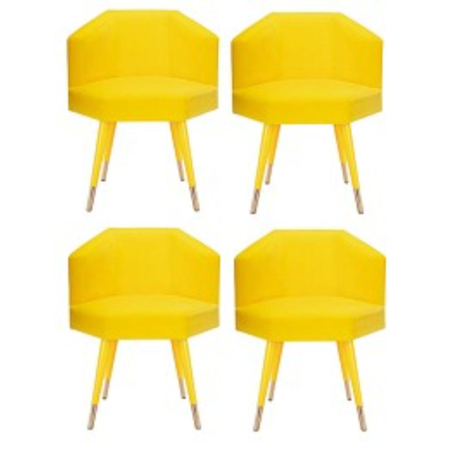 Set of 4 Beelicious dining chairs, Royal Stranger
Dimensions: 63 x 55 x 68 cm
Materials: upholstery lemongrass cotton velvet, lemongrass lacquered wood with glossy finish. feet covers polished brass.


Hexagonal in shape, the Beelicious chair