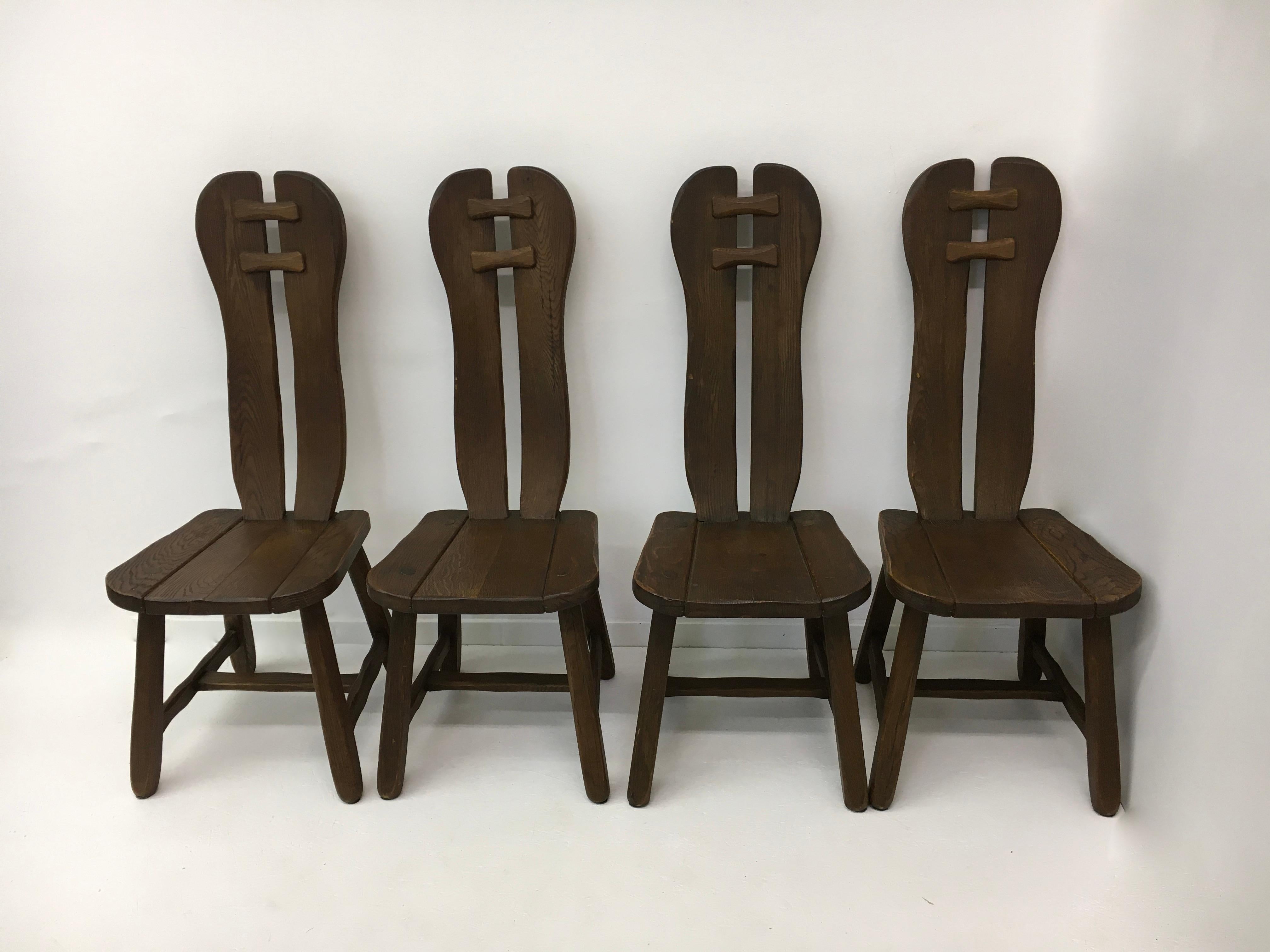 Ensemble de 4 chaises de salle à manger belges brutalistes de De Puydt, années 1970 en vente 3