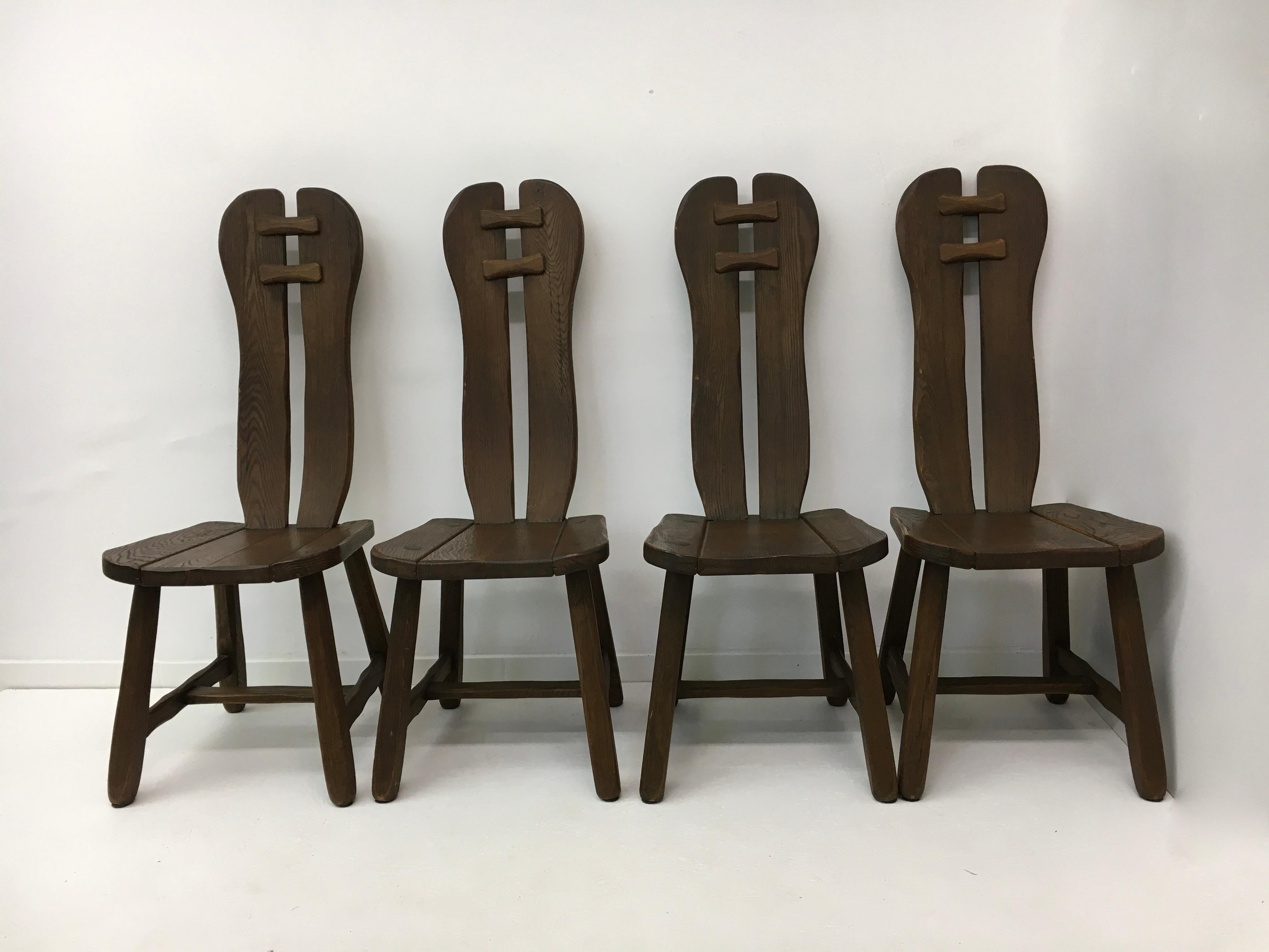 Ensemble de 4 chaises de salle à manger belges brutalistes de De Puydt, années 1970 en vente 10