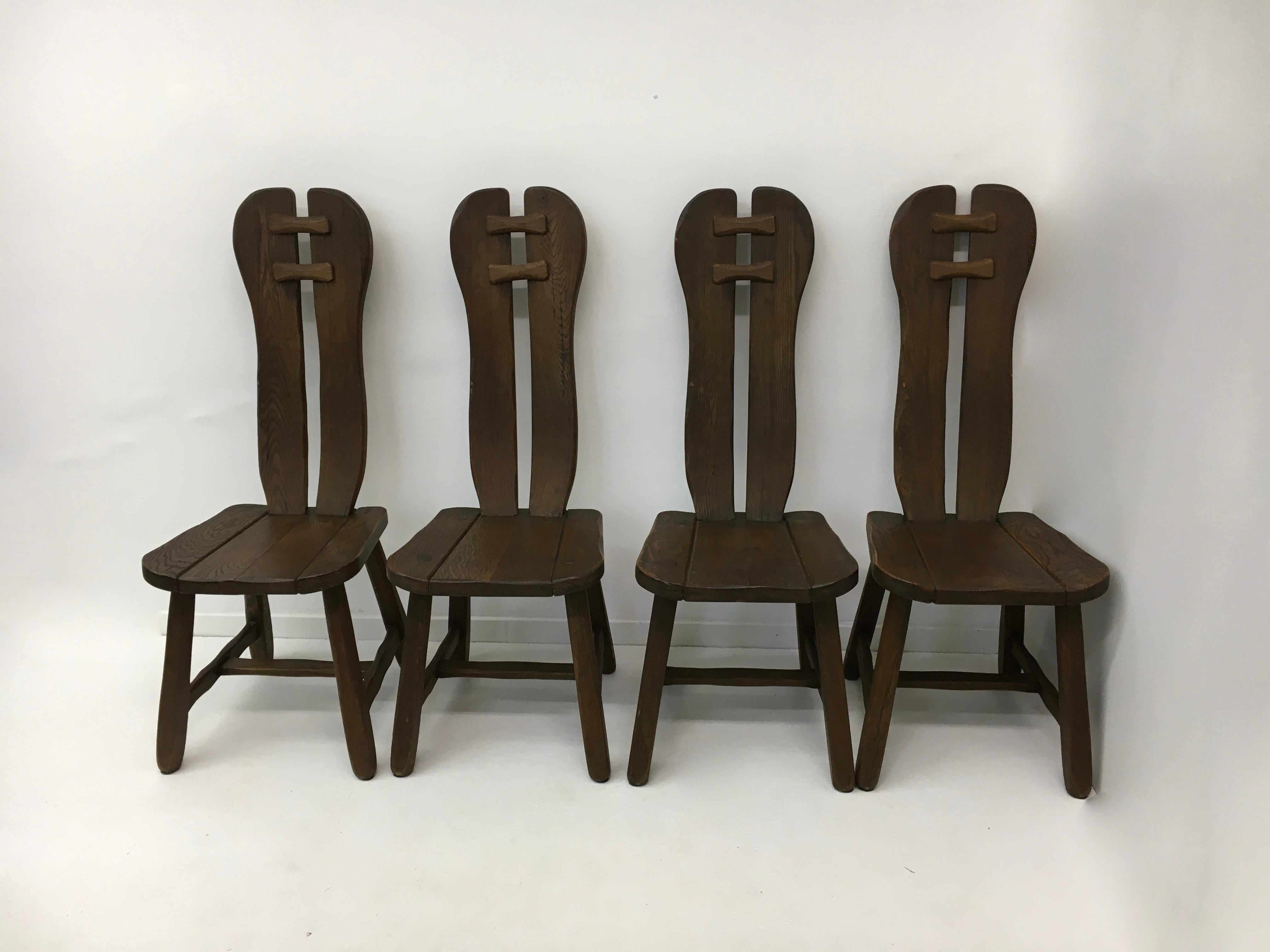 Ensemble de 4 chaises de salle à manger belges brutalistes de De Puydt, années 1970 en vente 11