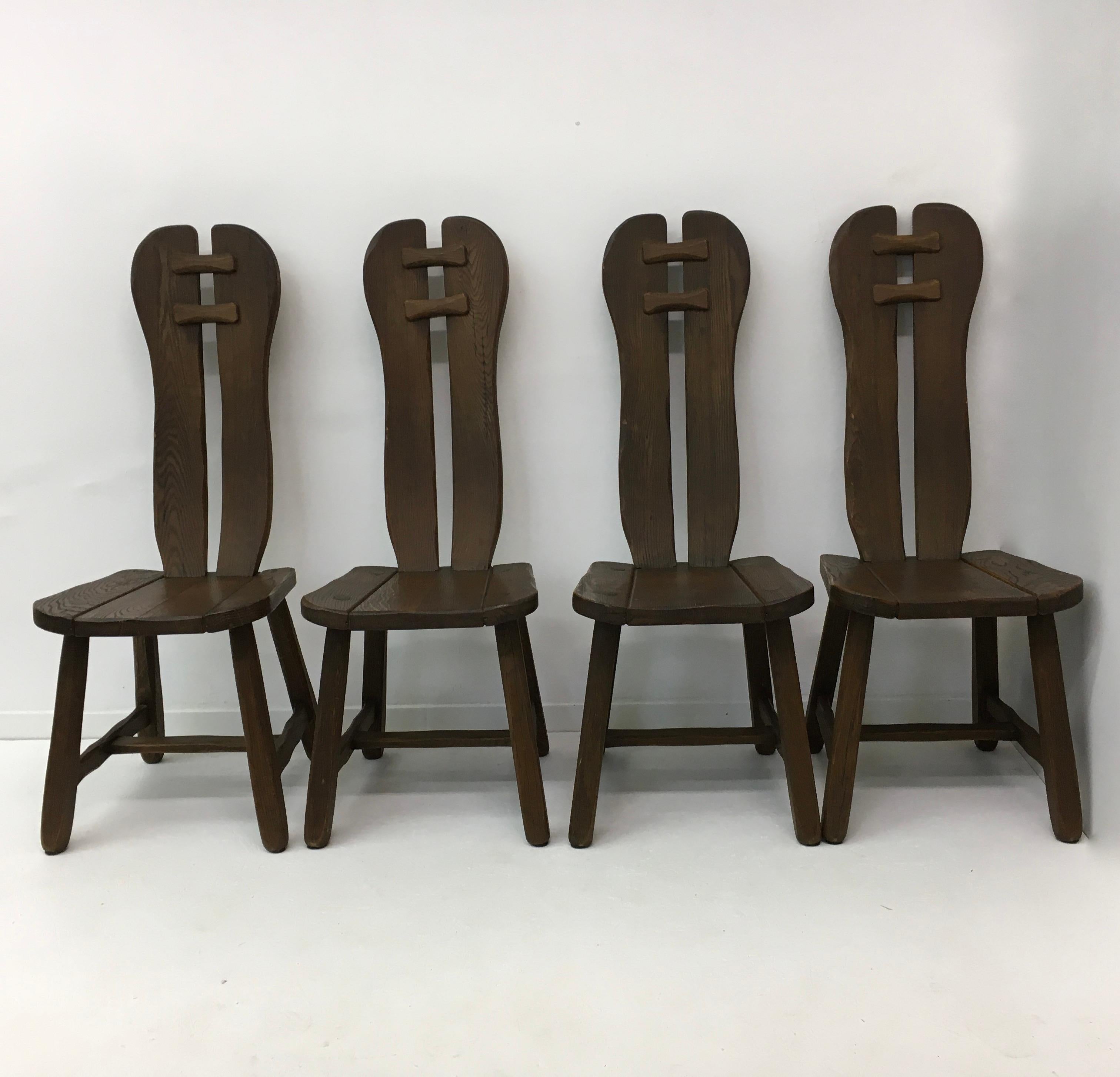 Ensemble de 4 chaises de salle à manger belges brutalistes de De Puydt, années 1970 en vente 12