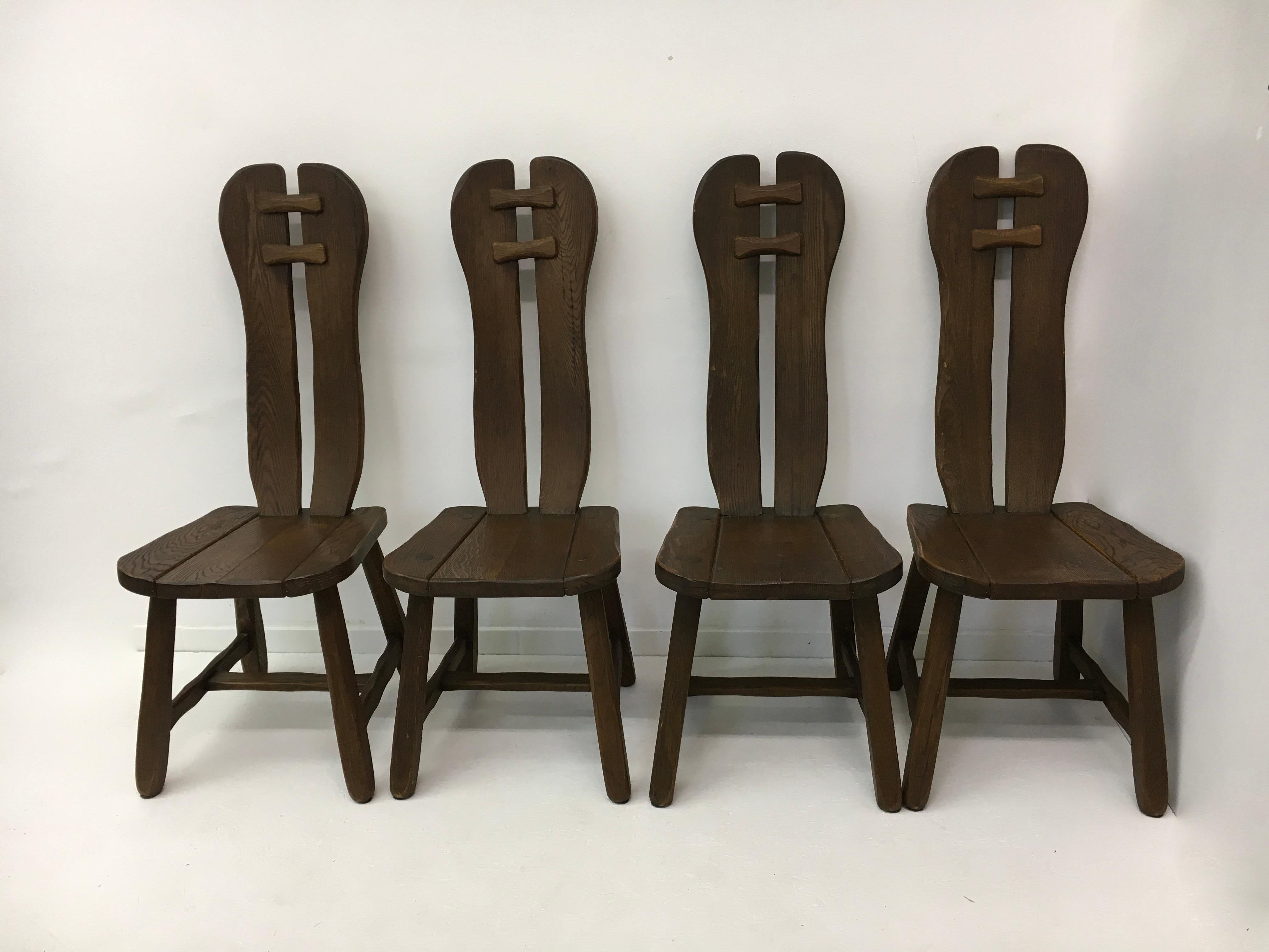 Brutalisme Ensemble de 4 chaises de salle à manger belges brutalistes de De Puydt, années 1970 en vente