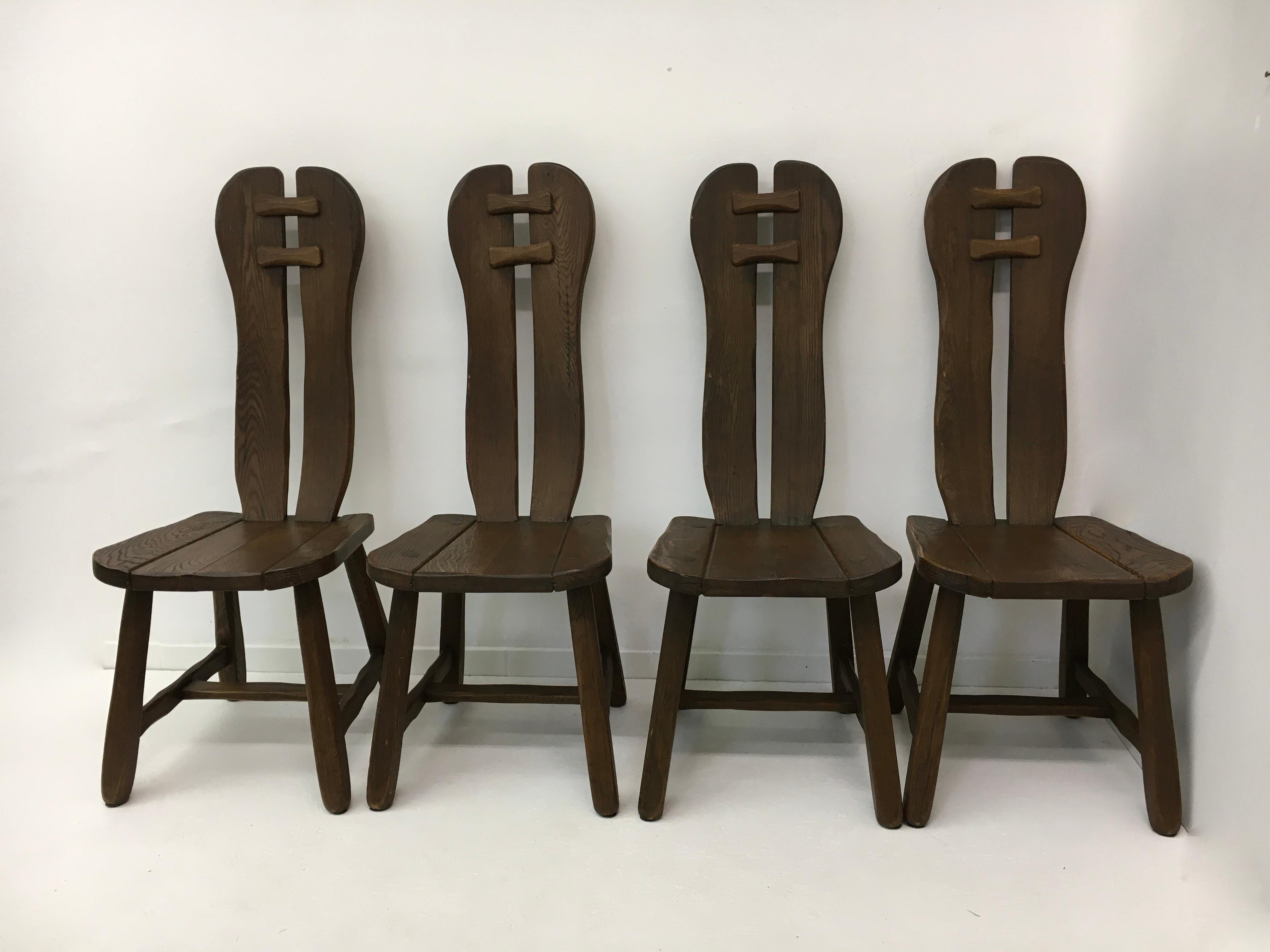 Belge Ensemble de 4 chaises de salle à manger belges brutalistes de De Puydt, années 1970 en vente
