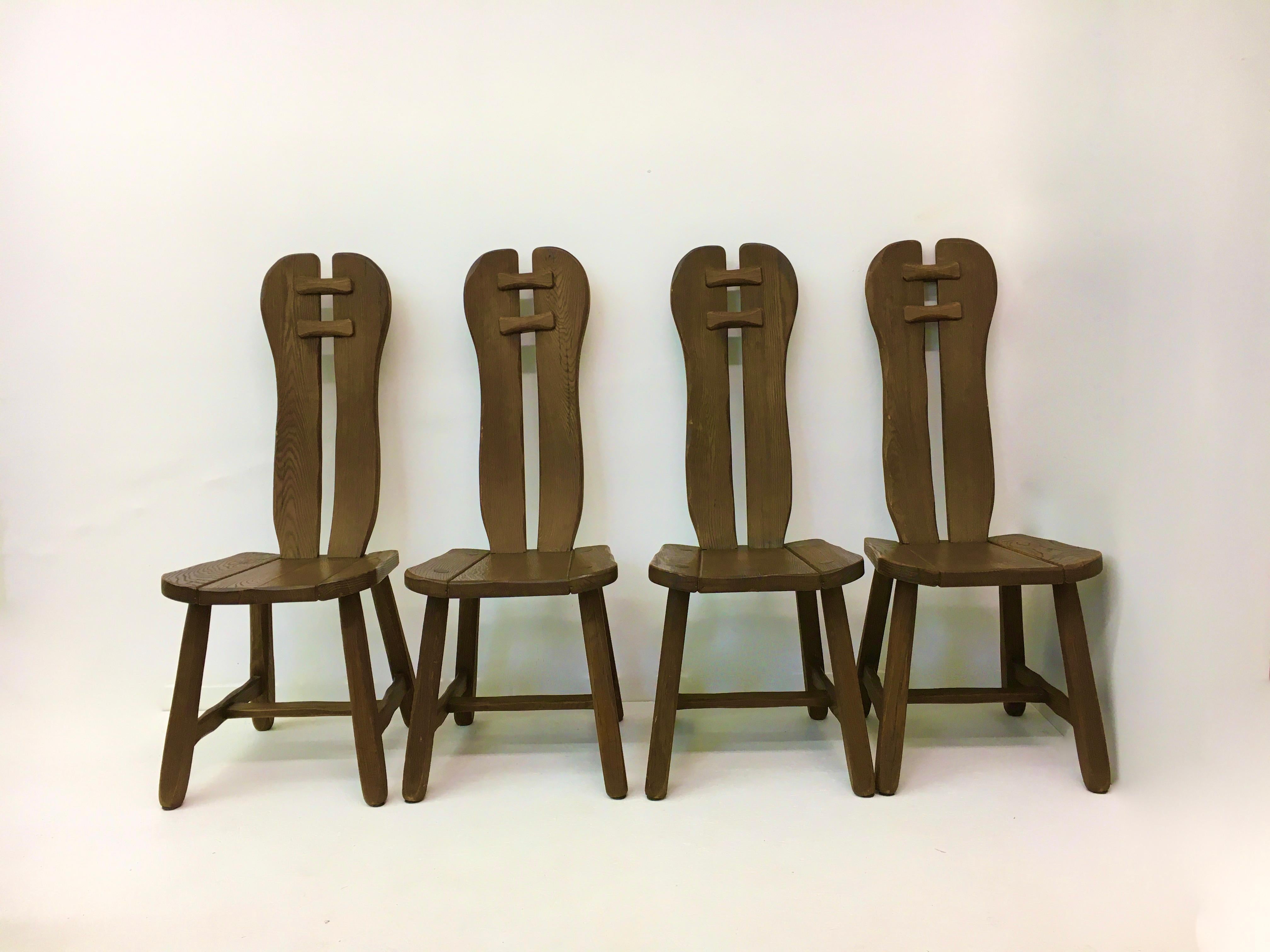 Oak Set of 4 Belgian Brutalist Dining Chairs from De Puydt, 1970’s For Sale