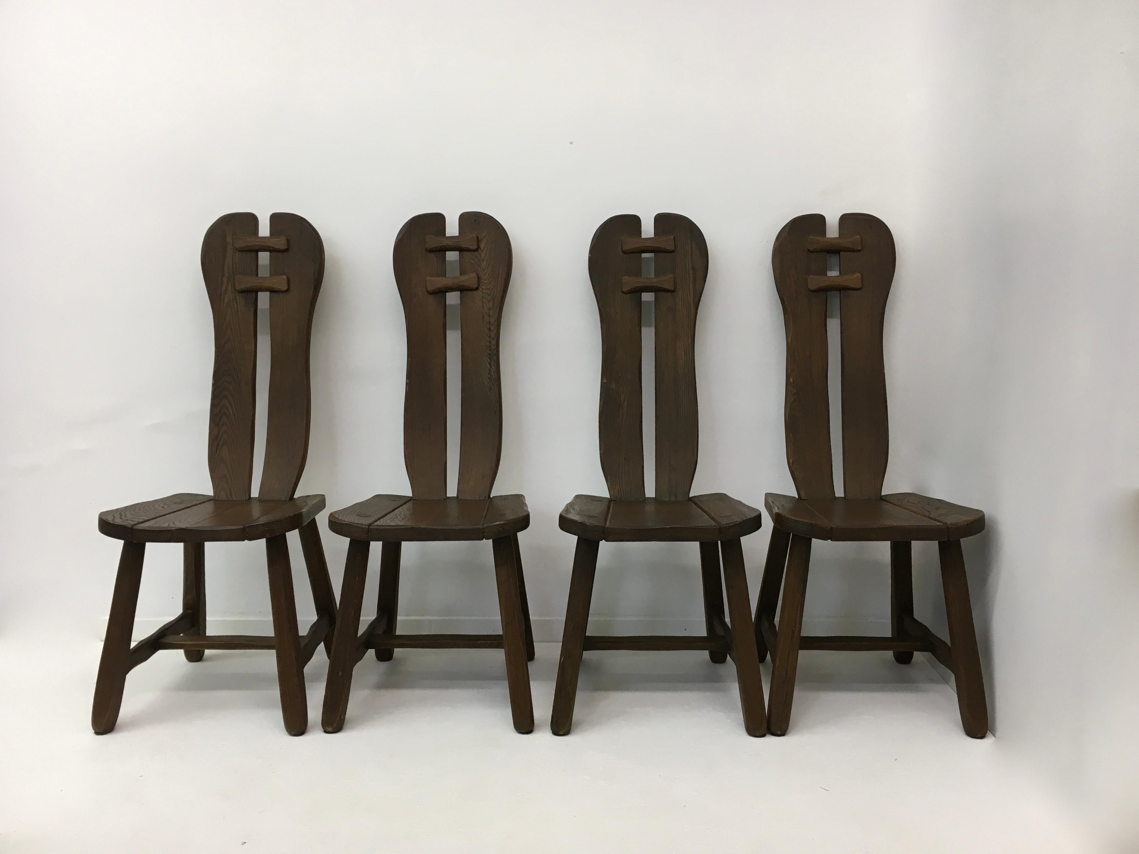 Fin du 20e siècle Ensemble de 4 chaises de salle à manger belges brutalistes de De Puydt, années 1970 en vente