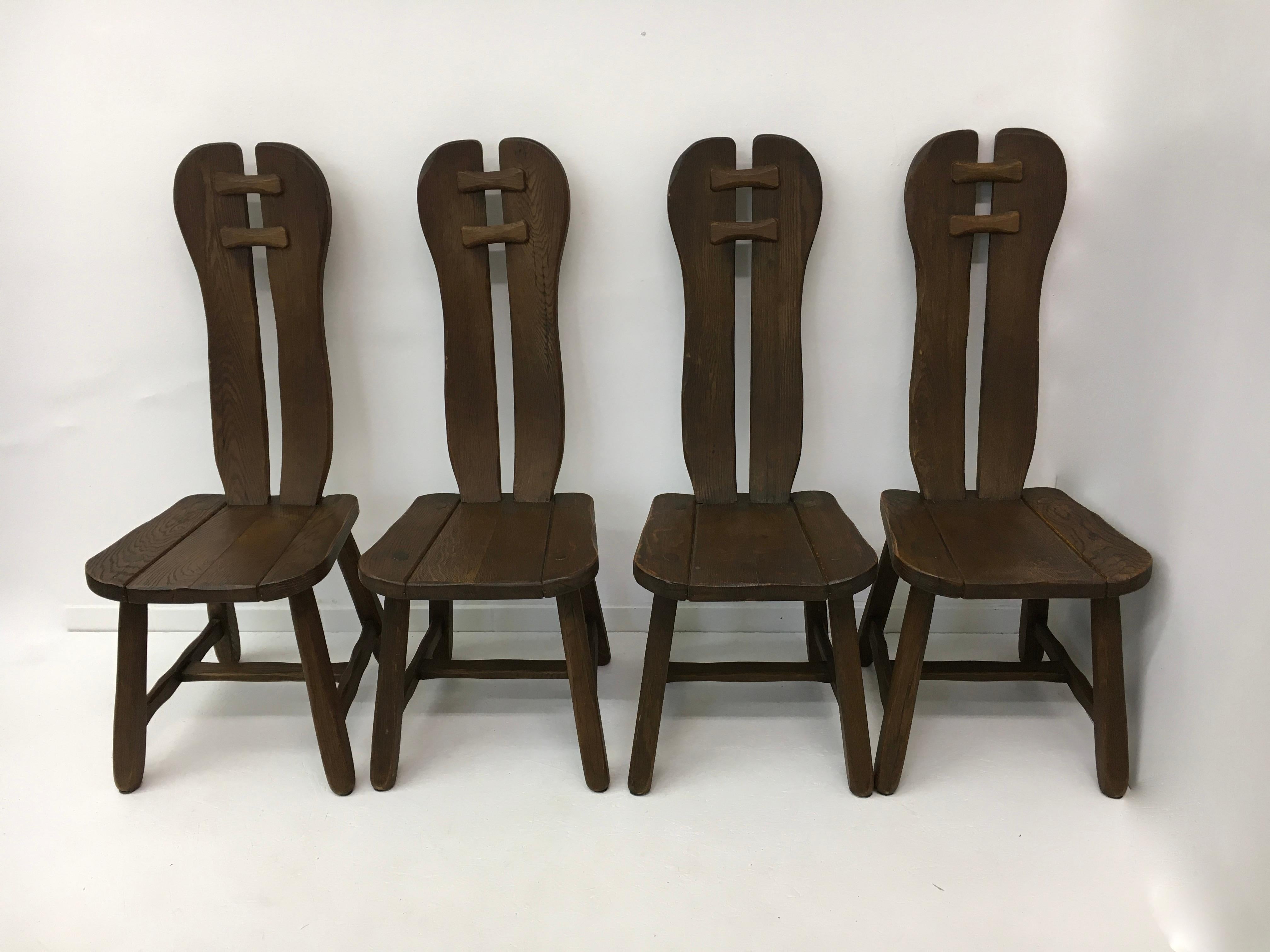 Ensemble de 4 chaises de salle à manger belges brutalistes de De Puydt, années 1970 en vente 1