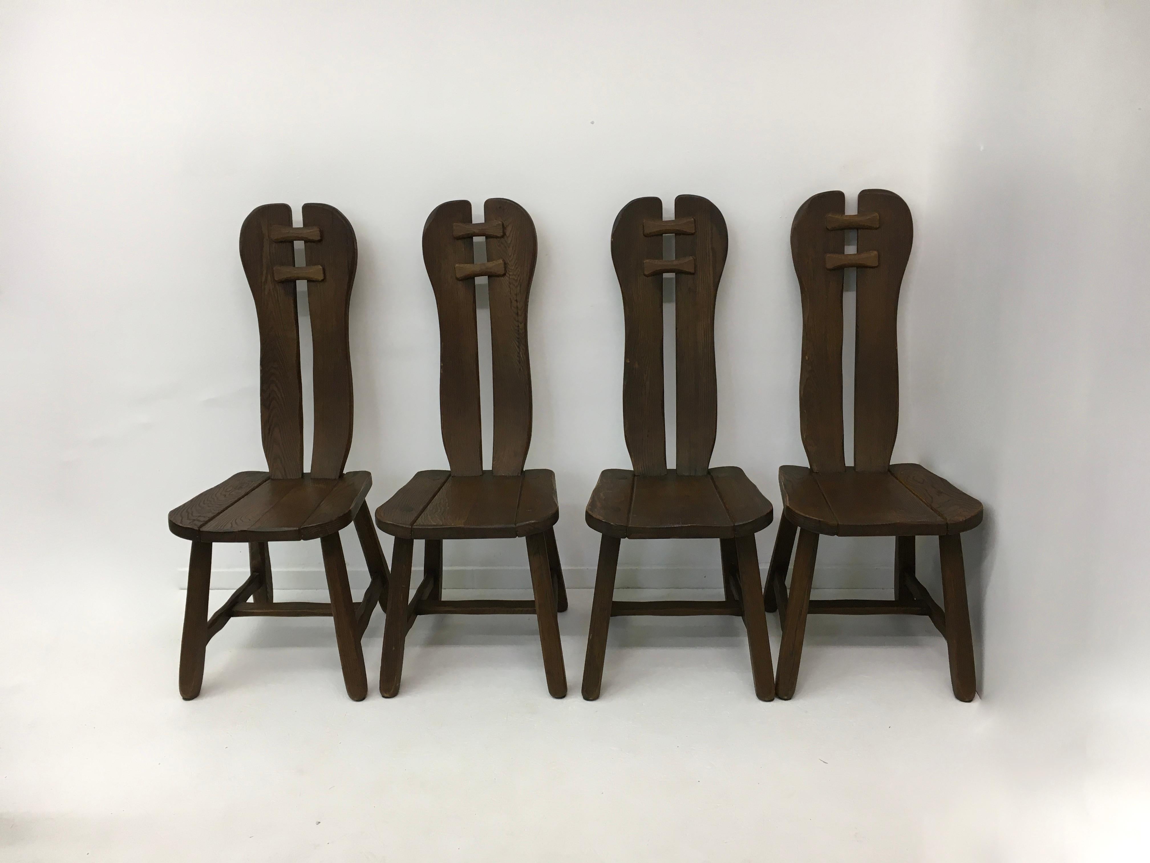Ensemble de 4 chaises de salle à manger belges brutalistes de De Puydt, années 1970 en vente 2