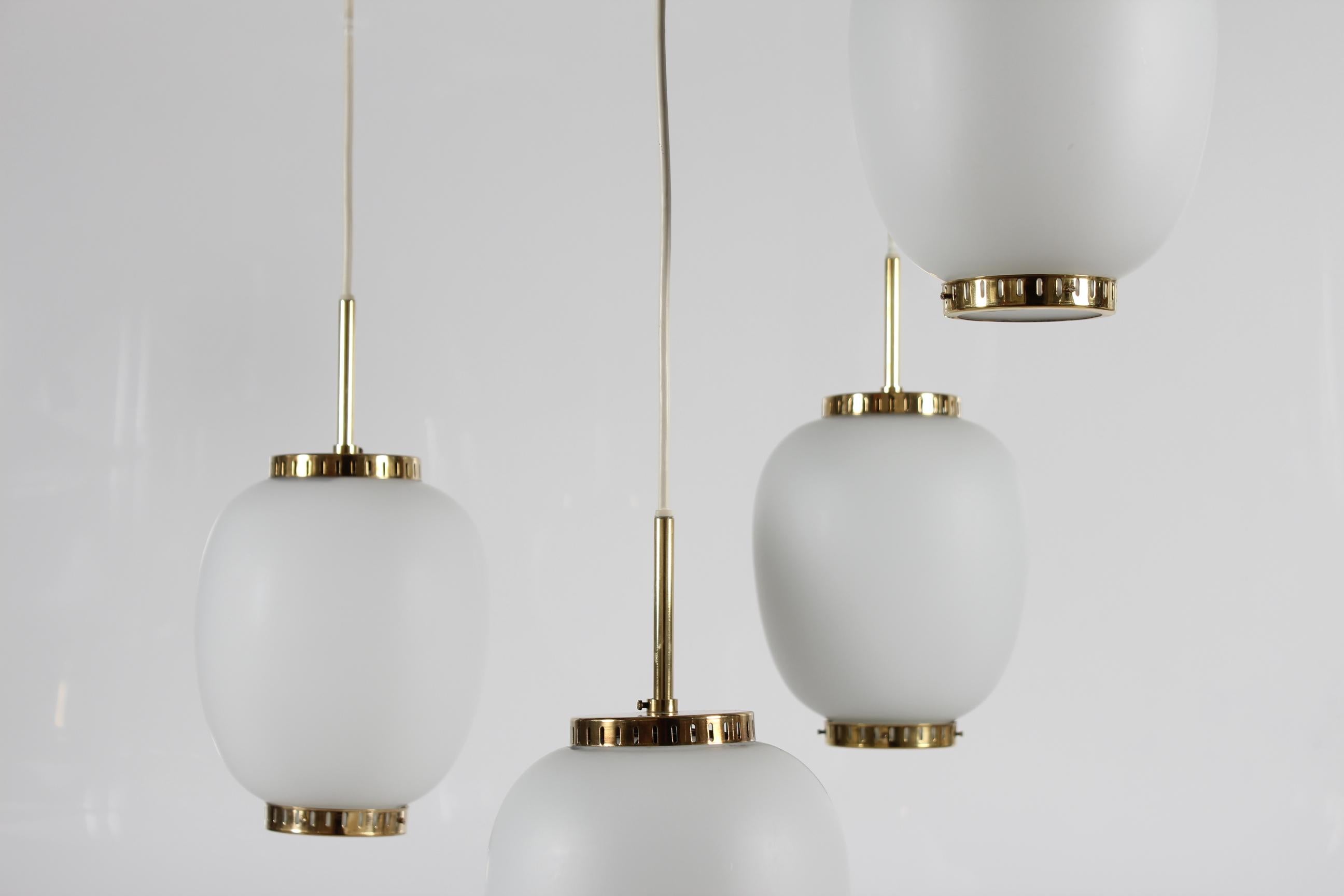 Danish Set of 4 Bent Karlby China Pendants Made of Opaline Glass + Brass by Lyfa, 1960s