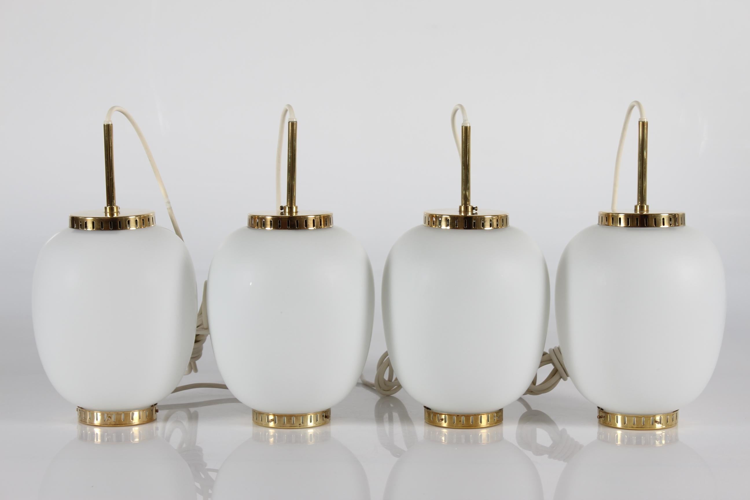 Set of 4 Bent Karlby China Pendants Made of Opaline Glass + Brass by Lyfa, 1960s In Good Condition In Aarhus C, DK