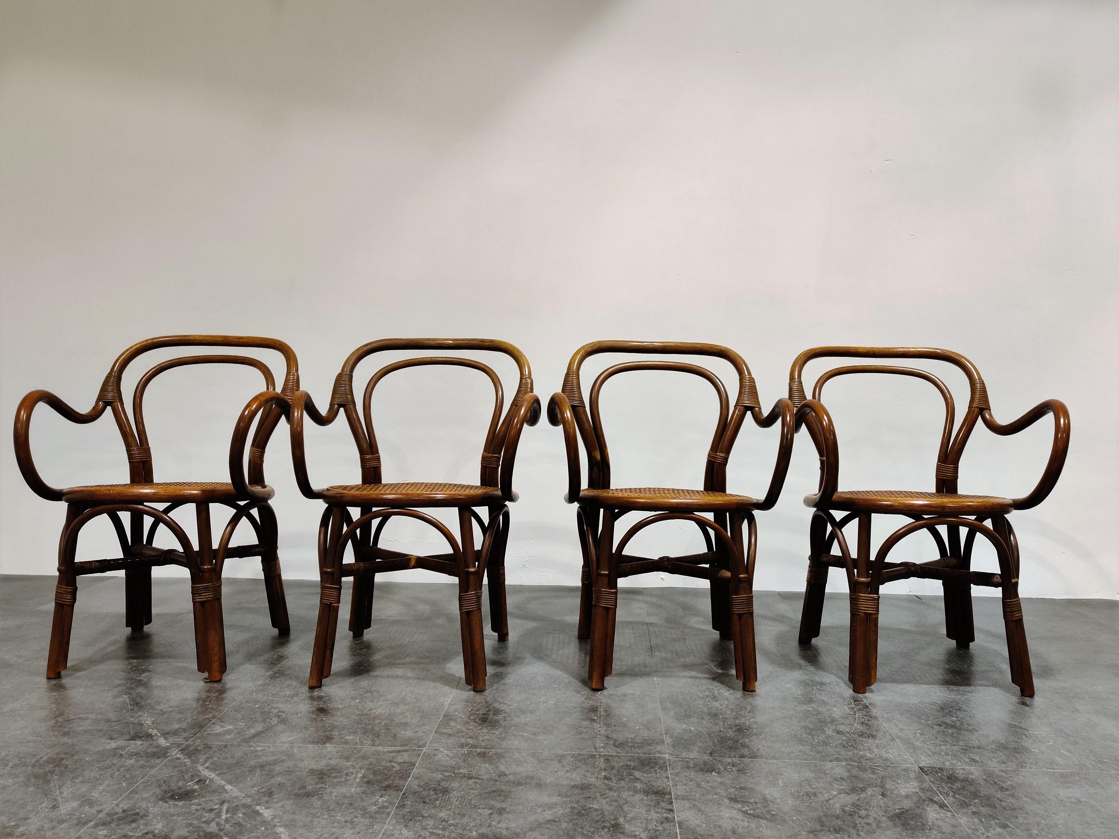 Mid-Century Modern Set of 4 Bentwood and Rattan Dining Chairs, 1960s