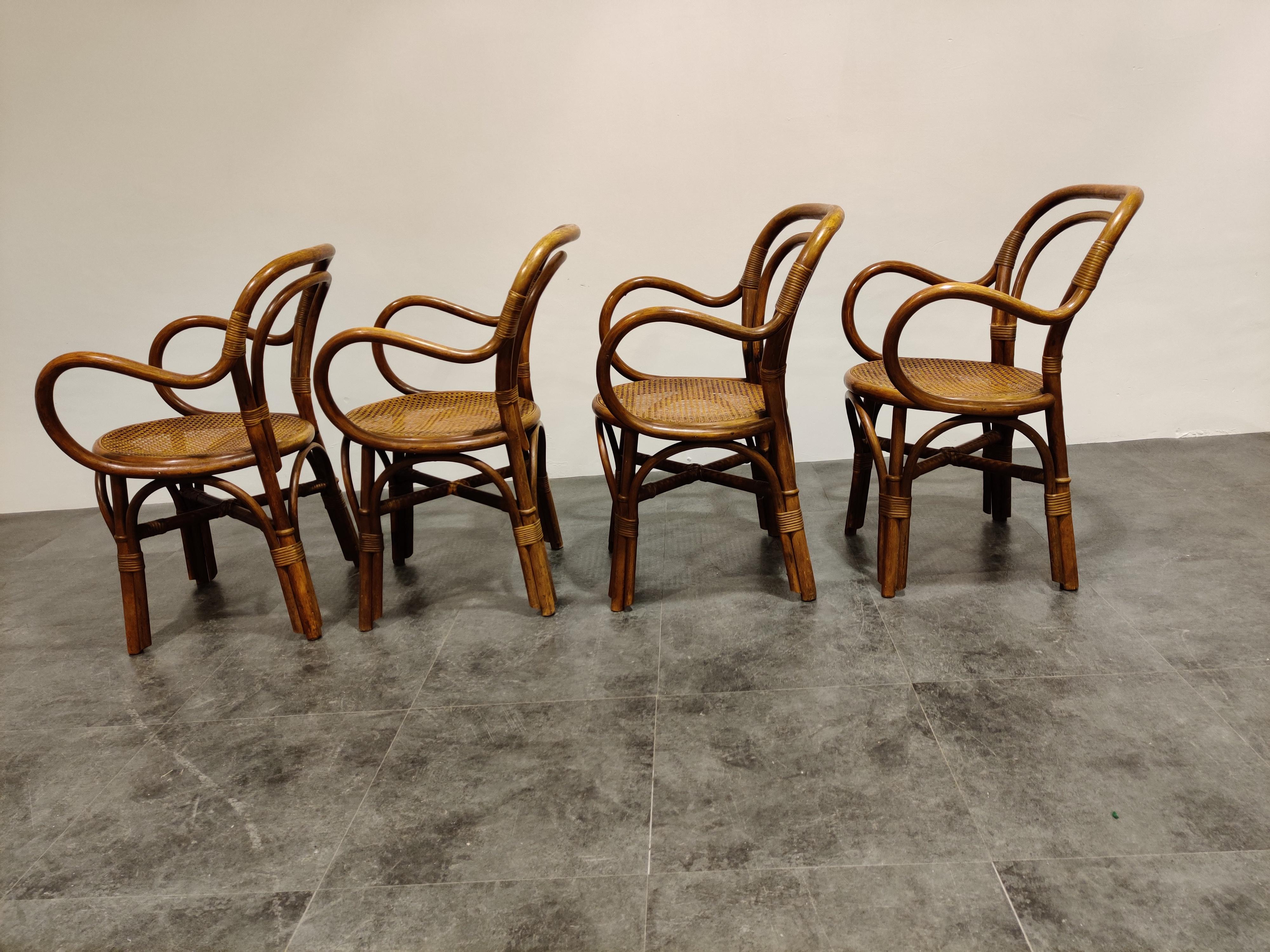 Belgian Set of 4 Bentwood and Rattan Dining Chairs, 1960s