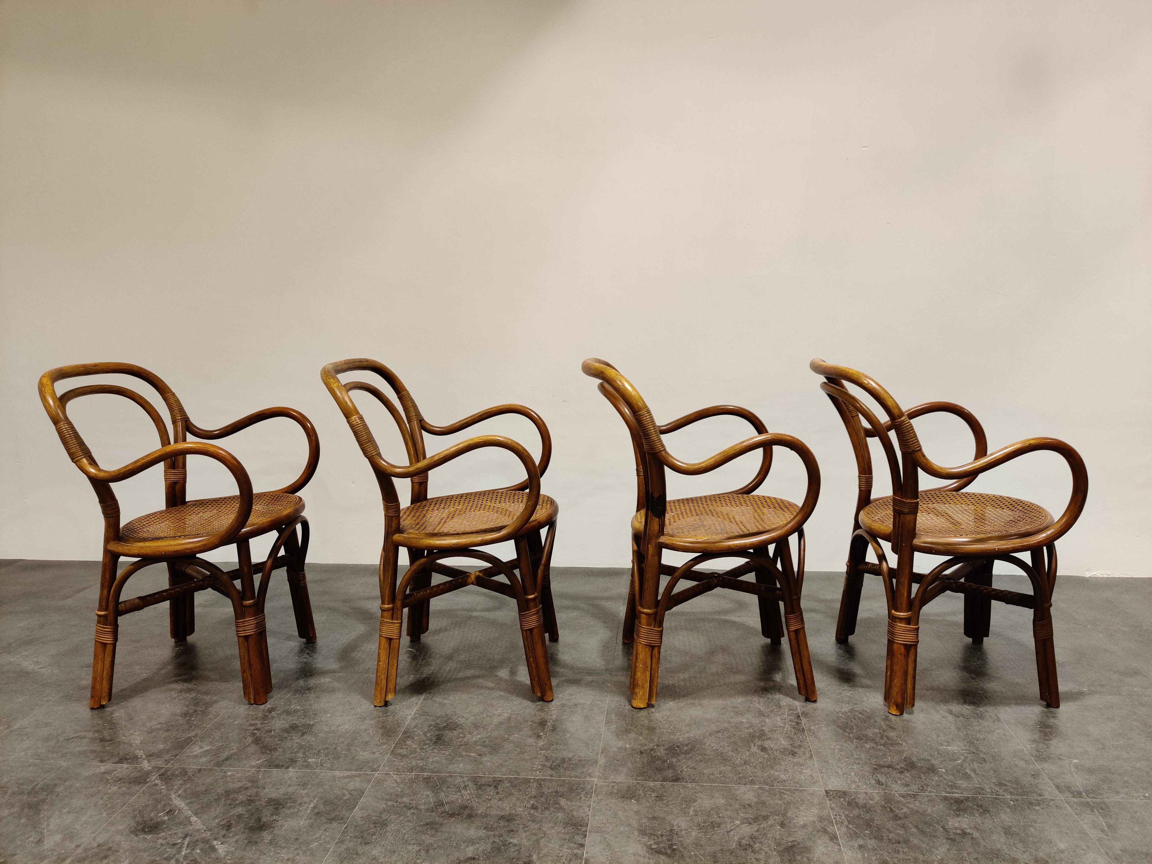 Mid-20th Century Set of 4 Bentwood and Rattan Dining Chairs, 1960s