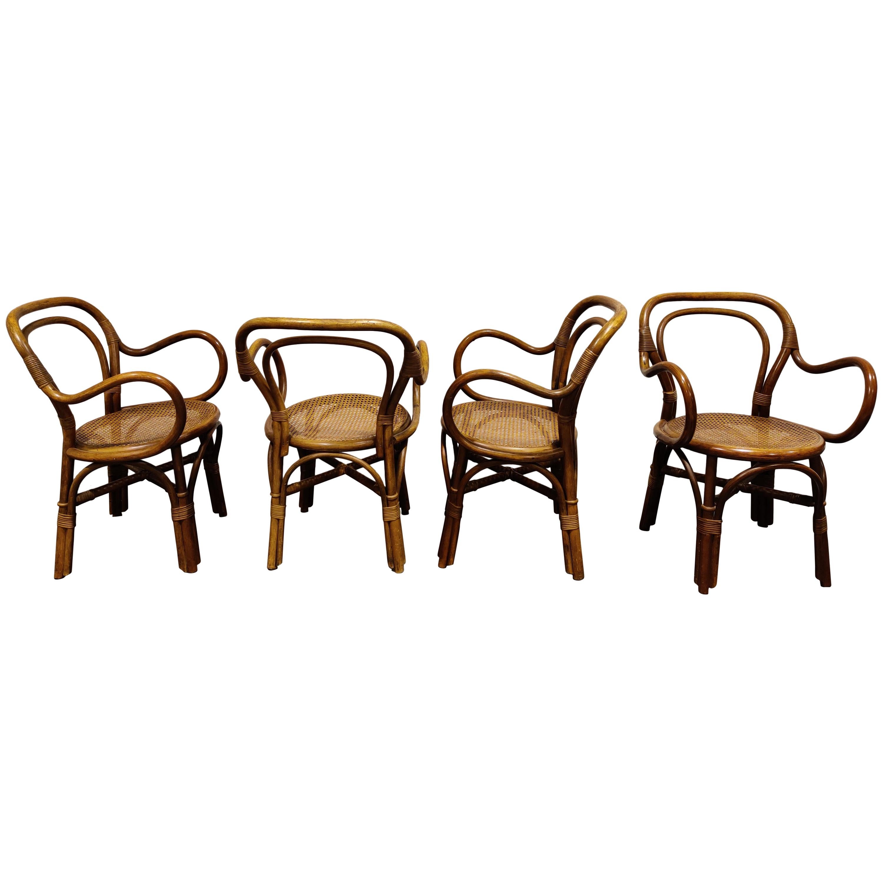 Set of 4 Bentwood and Rattan Dining Chairs, 1960s