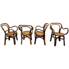 Set of 4 Bentwood and Rattan Dining Chairs, 1960s