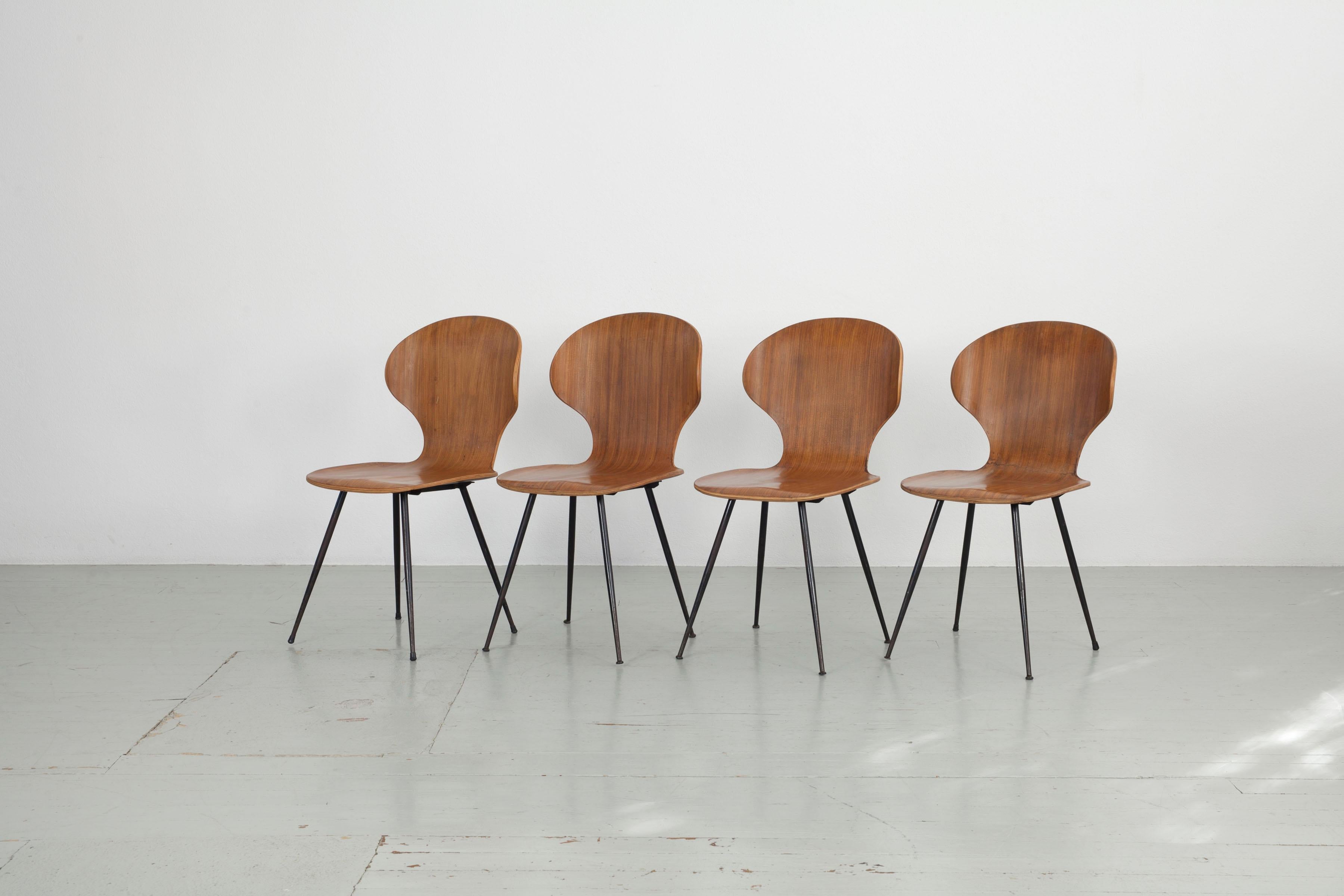Ensemble de 4 chaises en bois cintré Carlo Ratti, Industria Legni Curvati, Italie  1950s. en vente 1