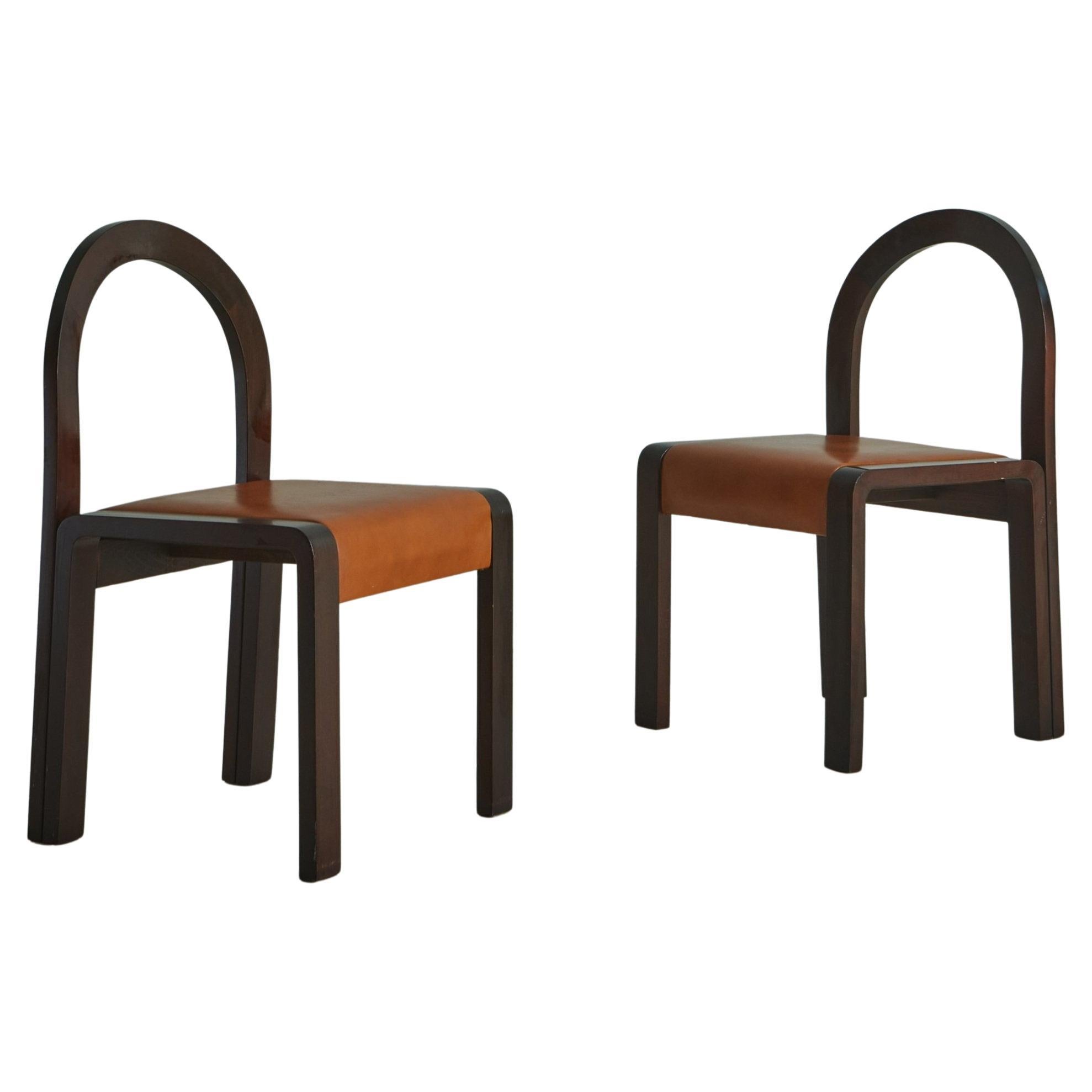 Set of 4 Bentwood Dining Chairs with Cognac Leather Seats, Italy 1980s