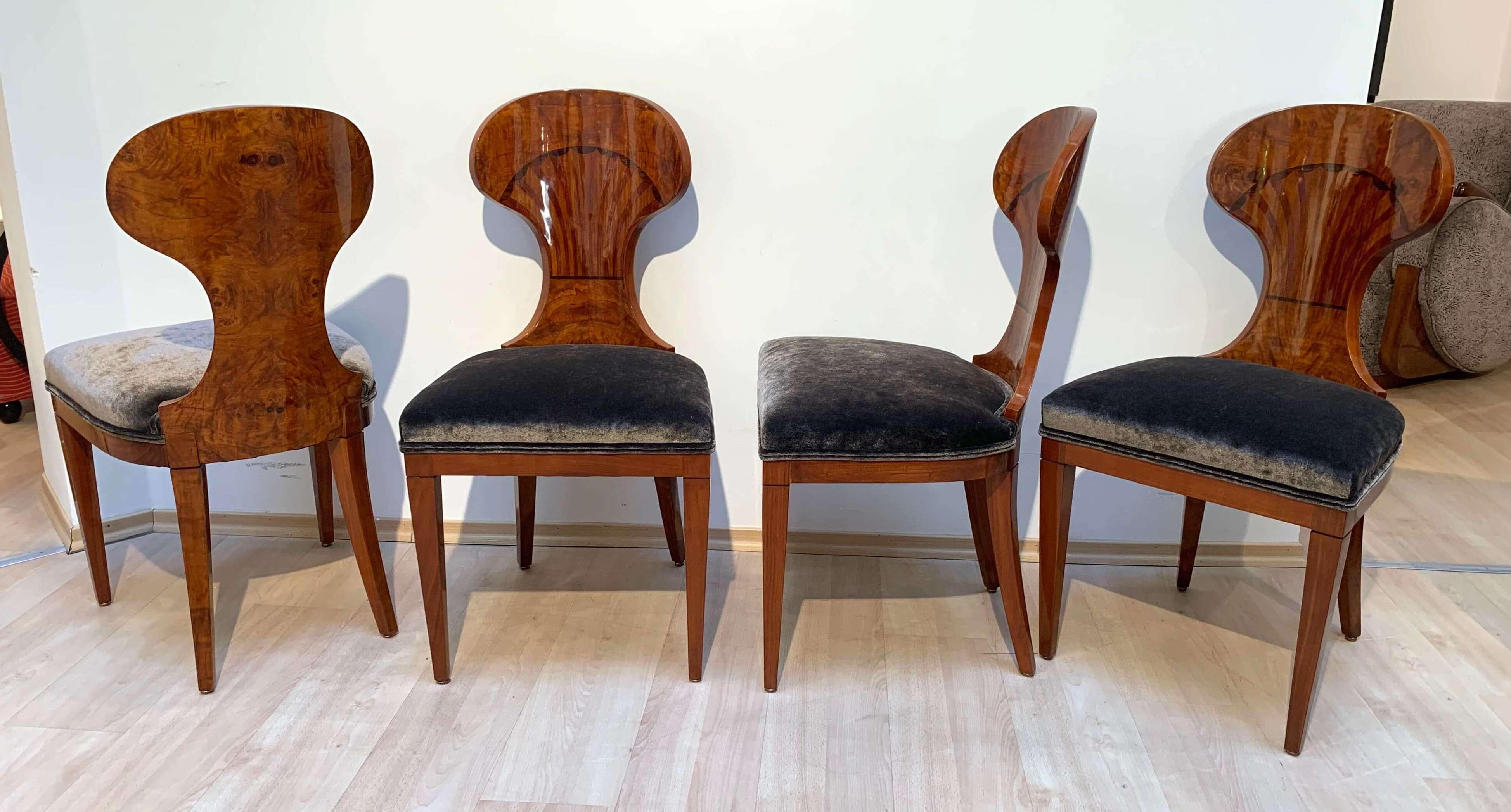 Set of Four Austrian Biedermeier Chairs, Ash Veneer, Grey Velvet, Circa 1890 For Sale 5