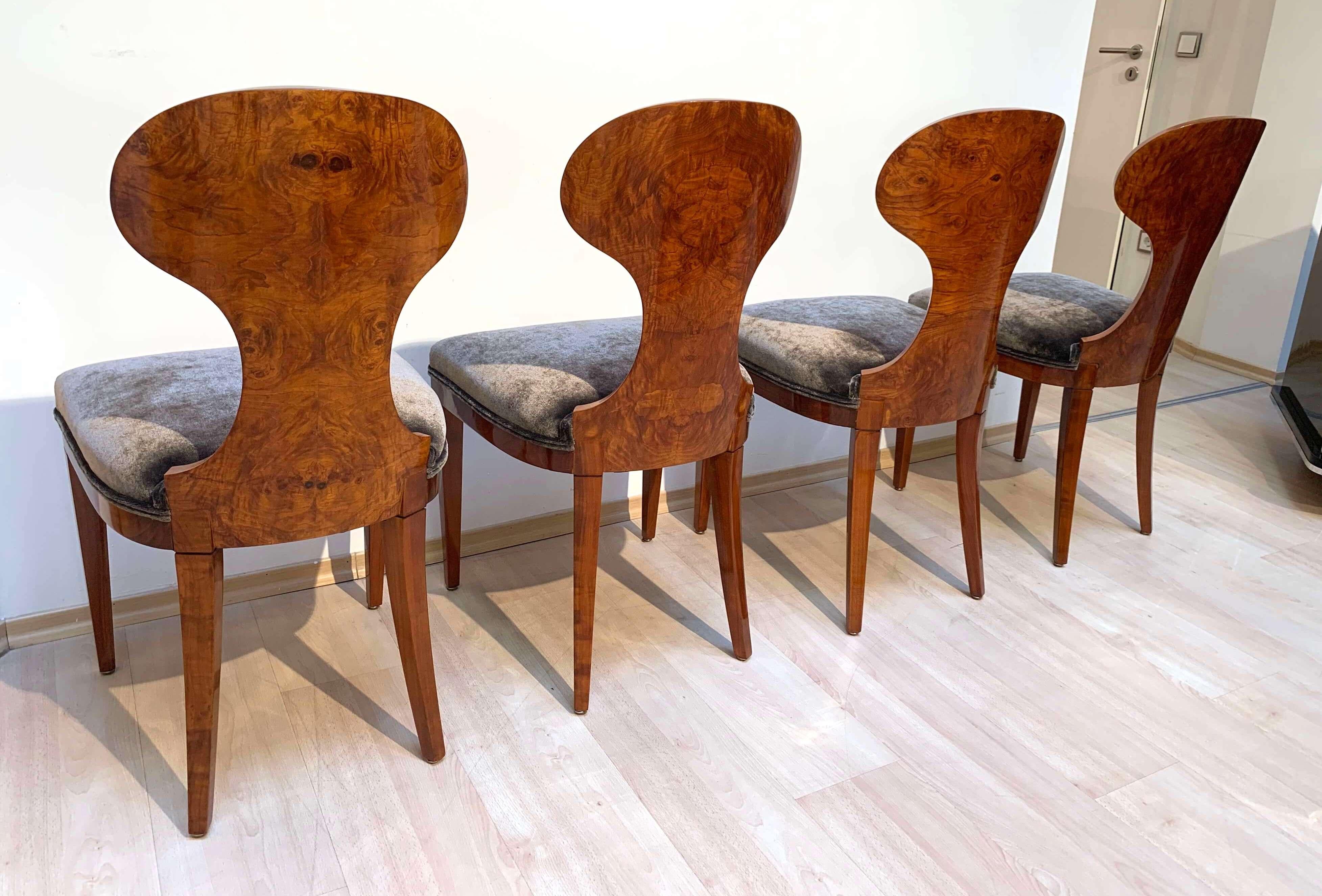 Set of Four Austrian Biedermeier Chairs, Ash Veneer, Grey Velvet, Circa 1890 For Sale 6