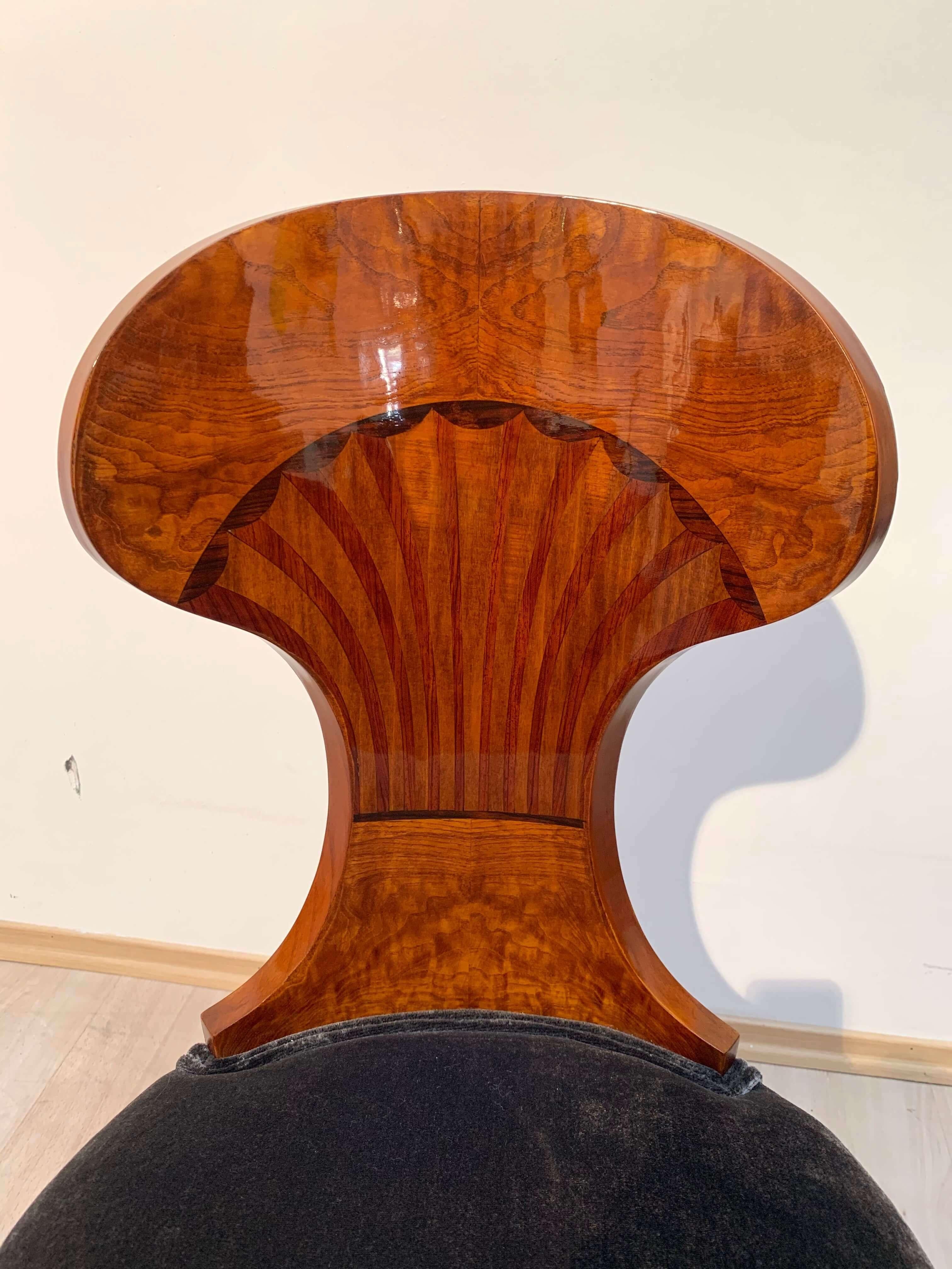 Set of Four Austrian Biedermeier Chairs, Ash Veneer, Grey Velvet, Circa 1890 For Sale 7