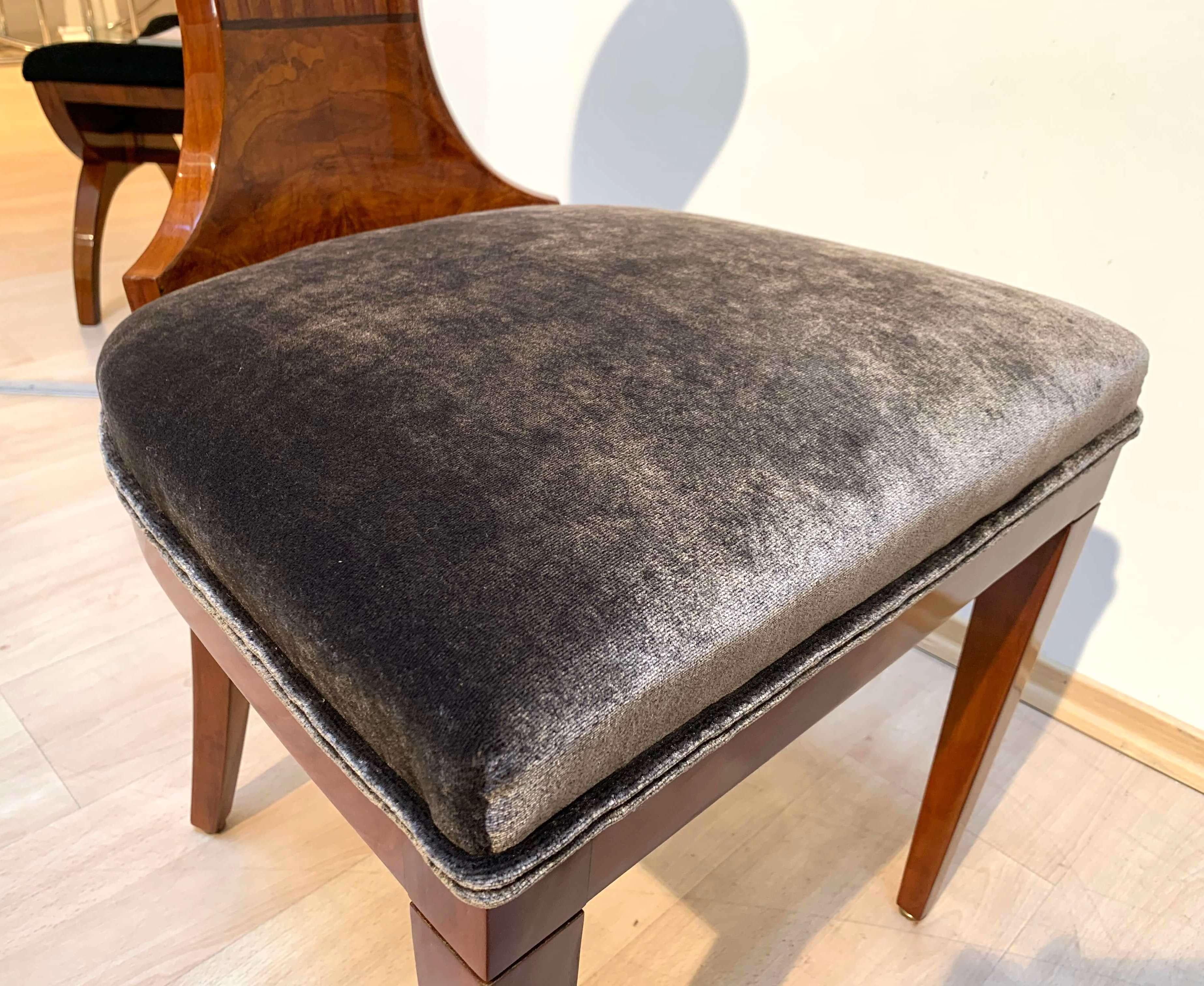 Set of Four Austrian Biedermeier Chairs, Ash Veneer, Grey Velvet, Circa 1890 For Sale 12
