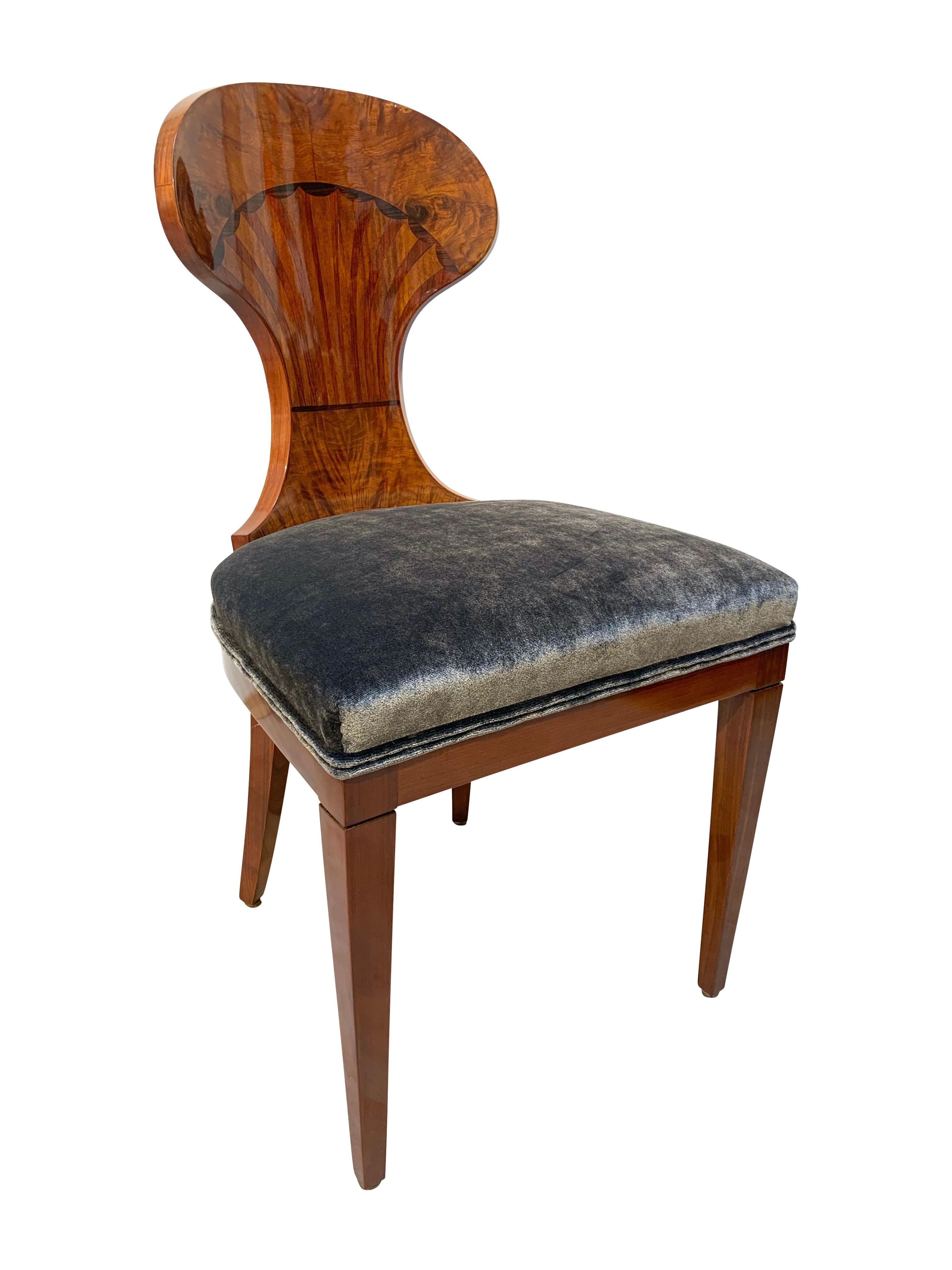 Early 20th Century Set of Four Austrian Biedermeier Chairs, Ash Veneer, Grey Velvet, Circa 1890 For Sale