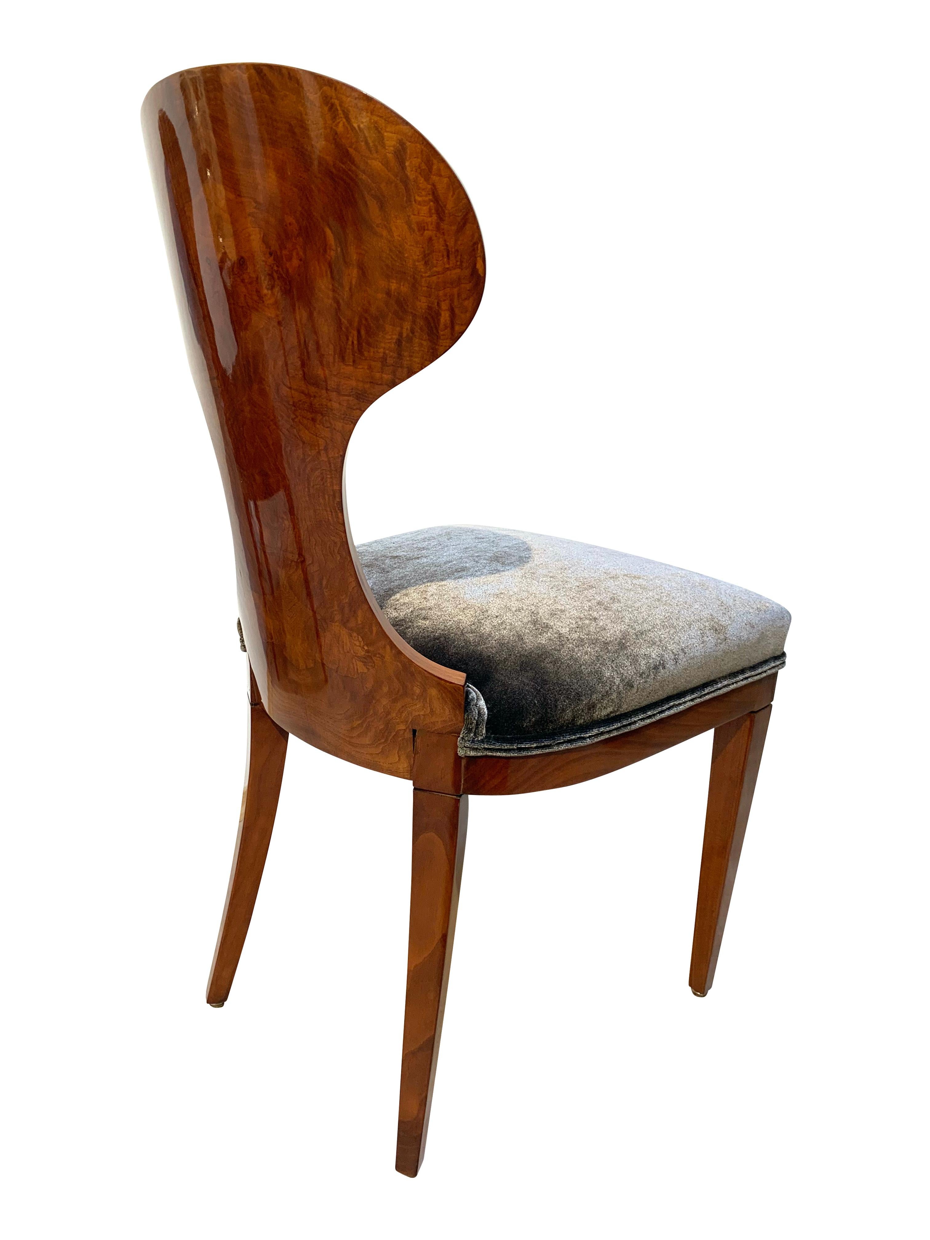 Set of Four Austrian Biedermeier Chairs, Ash Veneer, Grey Velvet, Circa 1890 For Sale 1