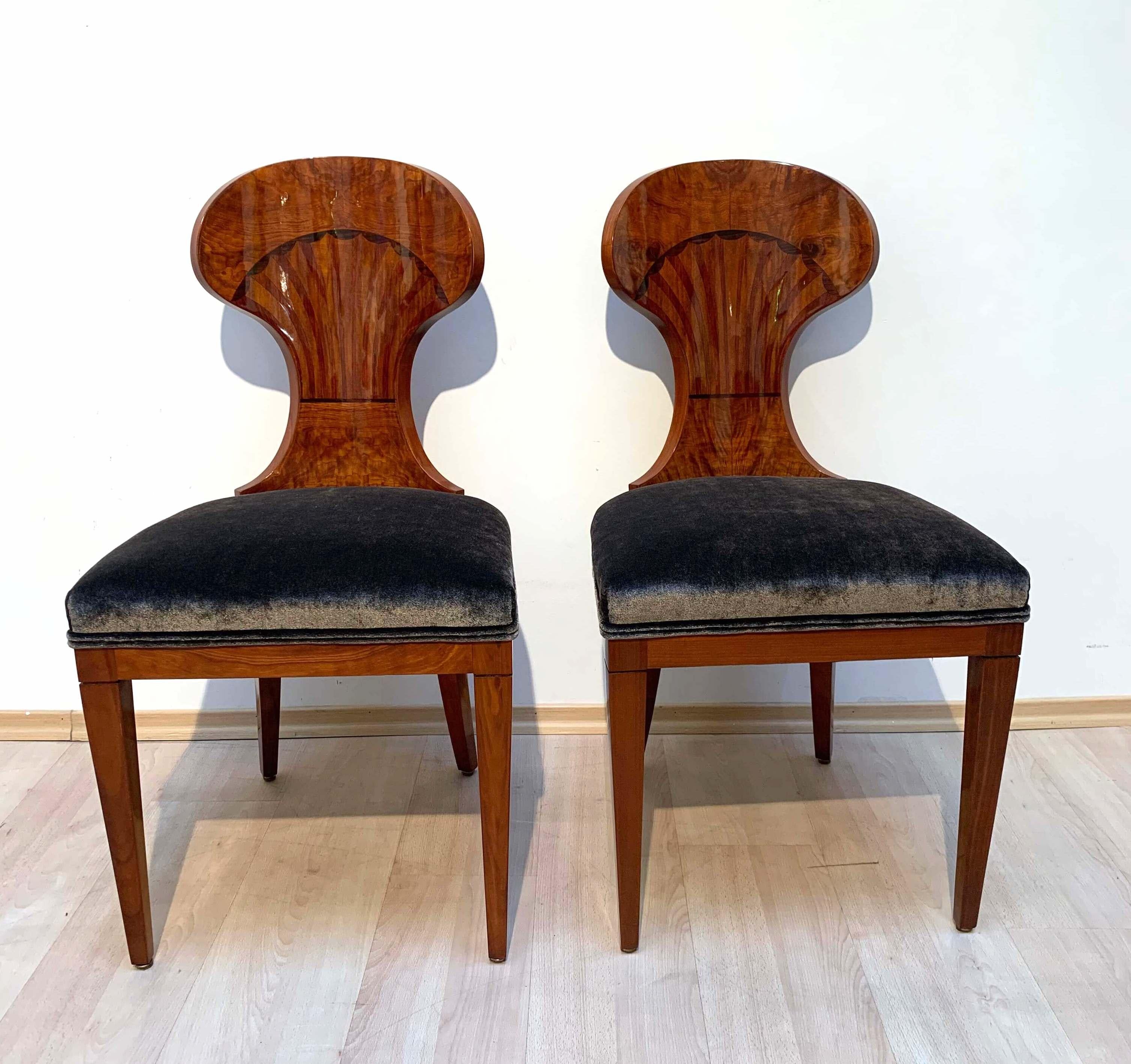 Set of Four Austrian Biedermeier Chairs, Ash Veneer, Grey Velvet, Circa 1890 For Sale 3