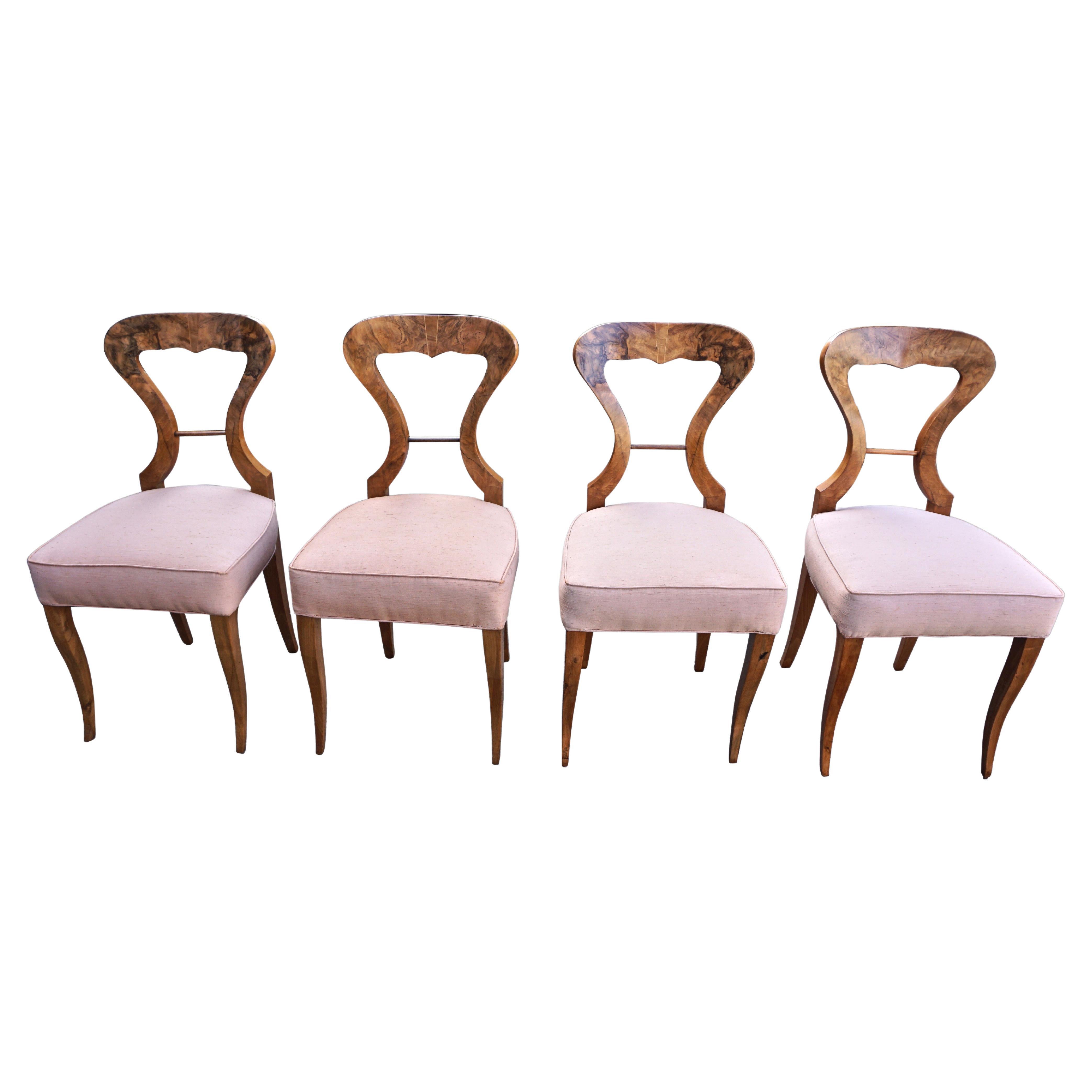 Set of 4 Biedermeier Figured Walnut Upholstered Side Chairs
