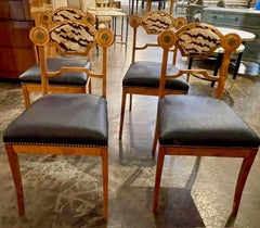 Set of 4 Biedermeier Walnut Side Chairs w/ Scalamandre and Leather Upholstery.