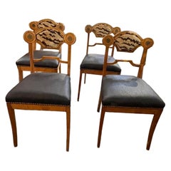 Set of 4 Biedermeier Walnut Side Chairs w/ Scalamandre and Leather Upholstery.