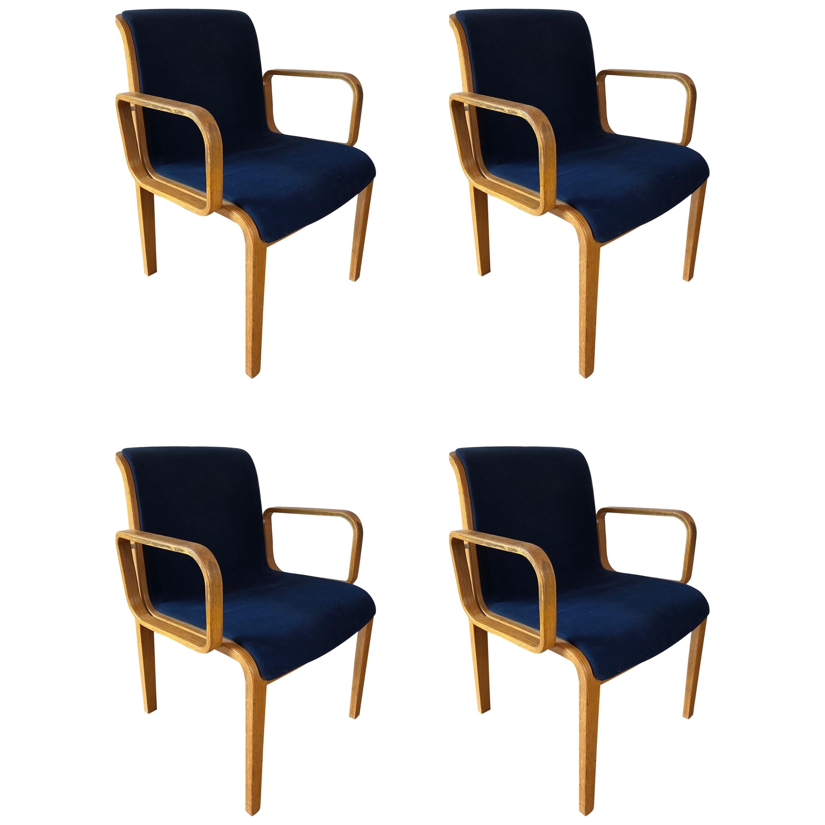 A set of four Bill Stephens for knoll armchairs with bentwood oak frames. Ready for reupholstery.